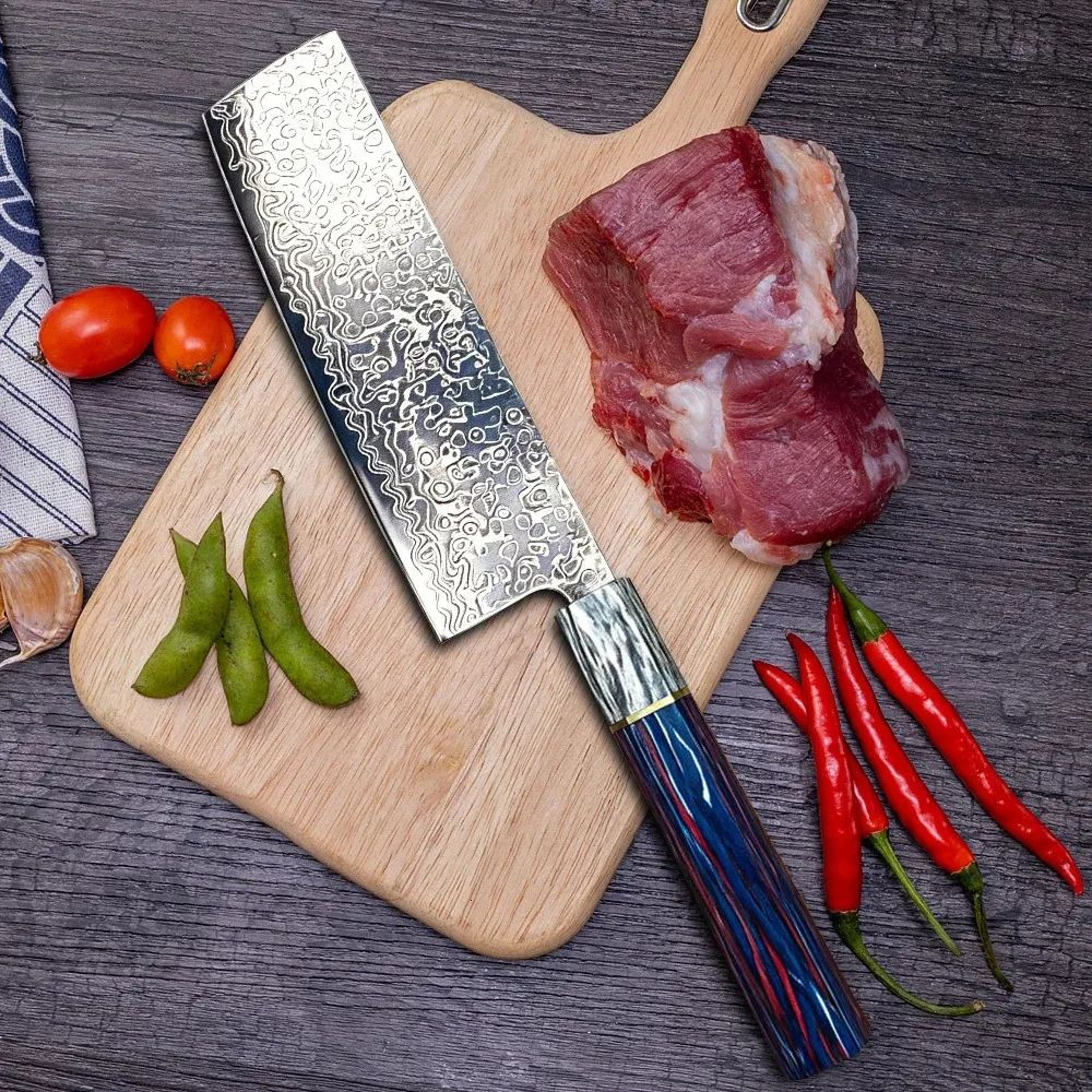 Damascus Pattern Kitchen Knife Set With Multicolor Handles For Vegetable Preparation 0