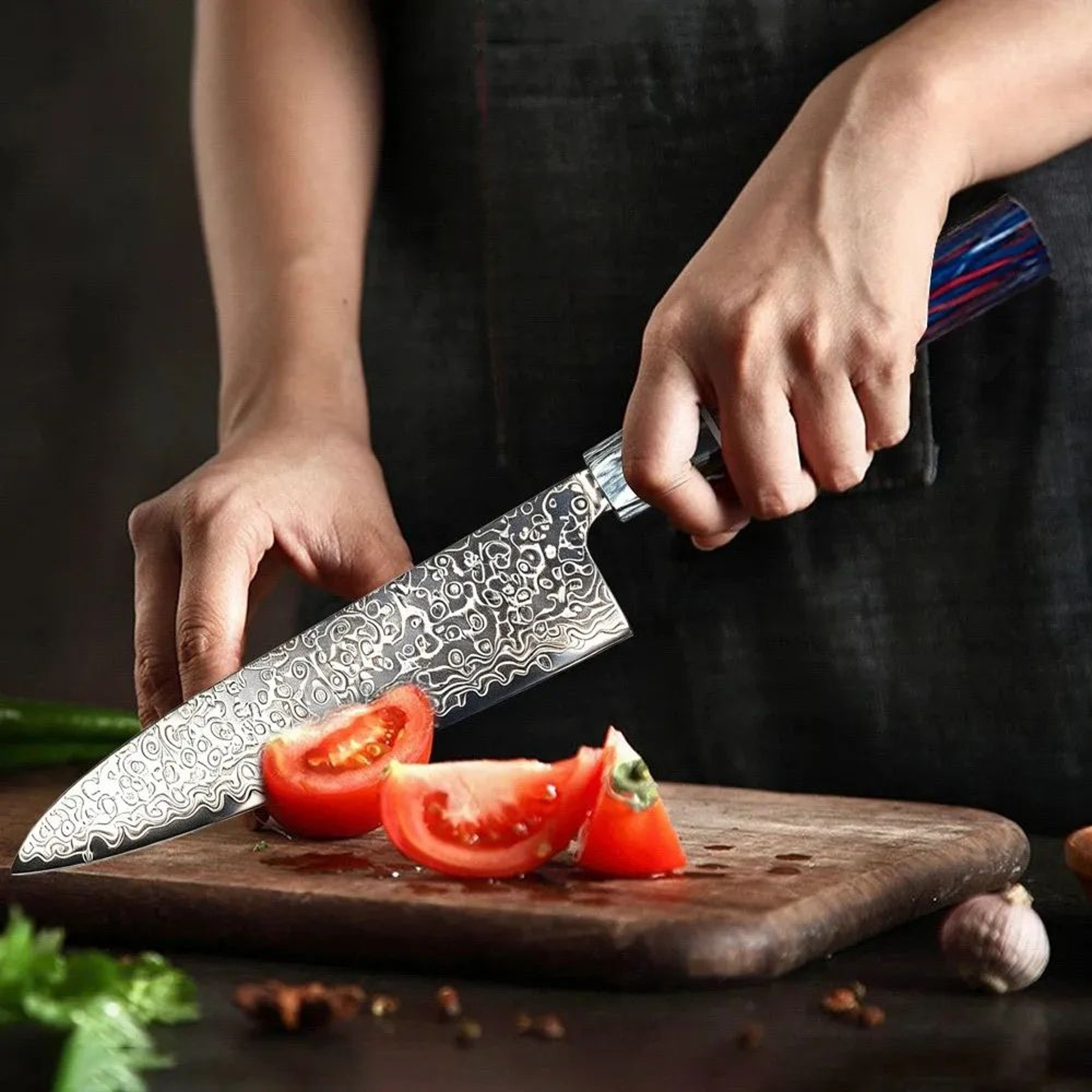 Damascus Pattern Kitchen Knife Set With Multicolor Handles For Vegetable Preparation 2