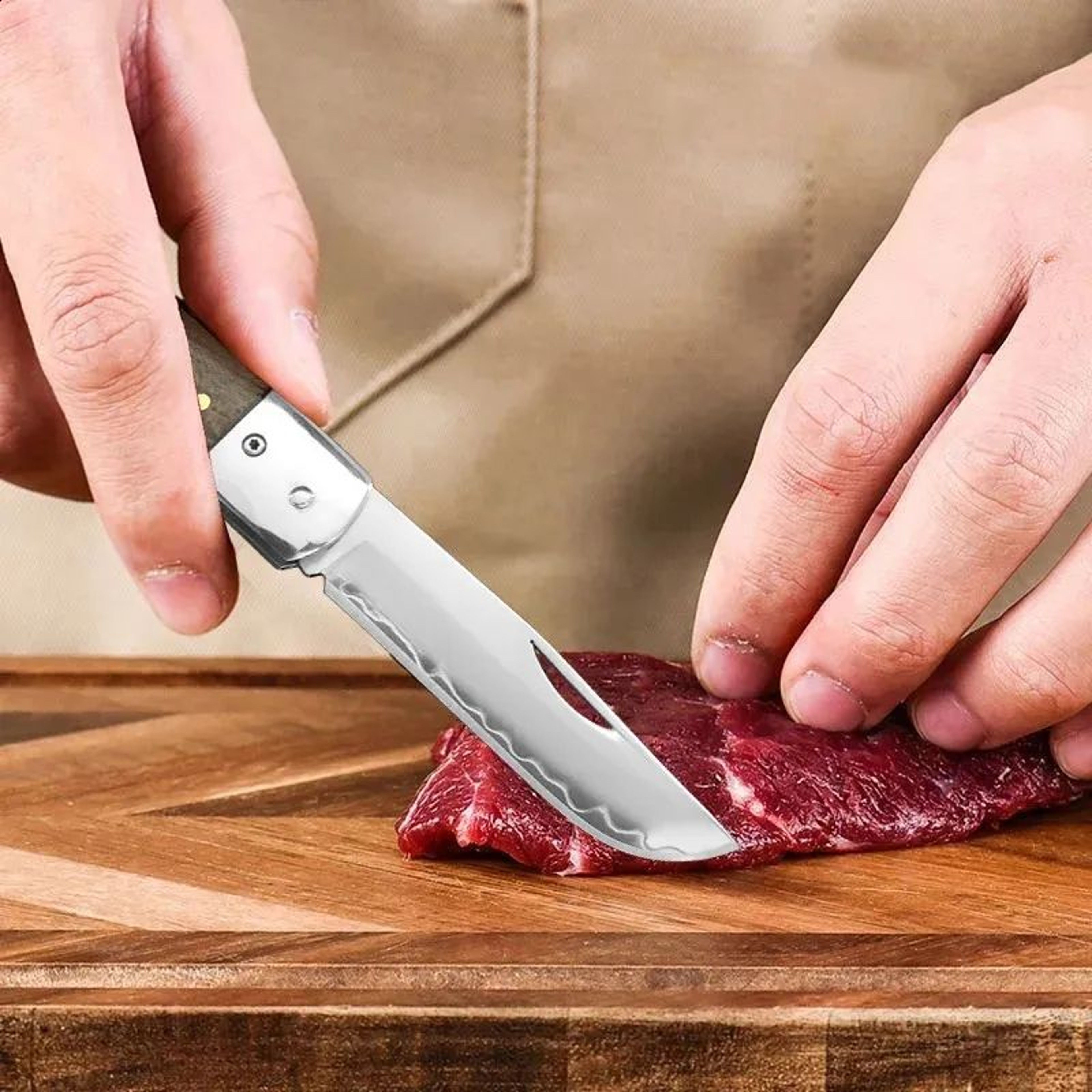 Stainless Steel Folding Cleaver Knife With Wooden Handle For Kitchen Food Prep 3