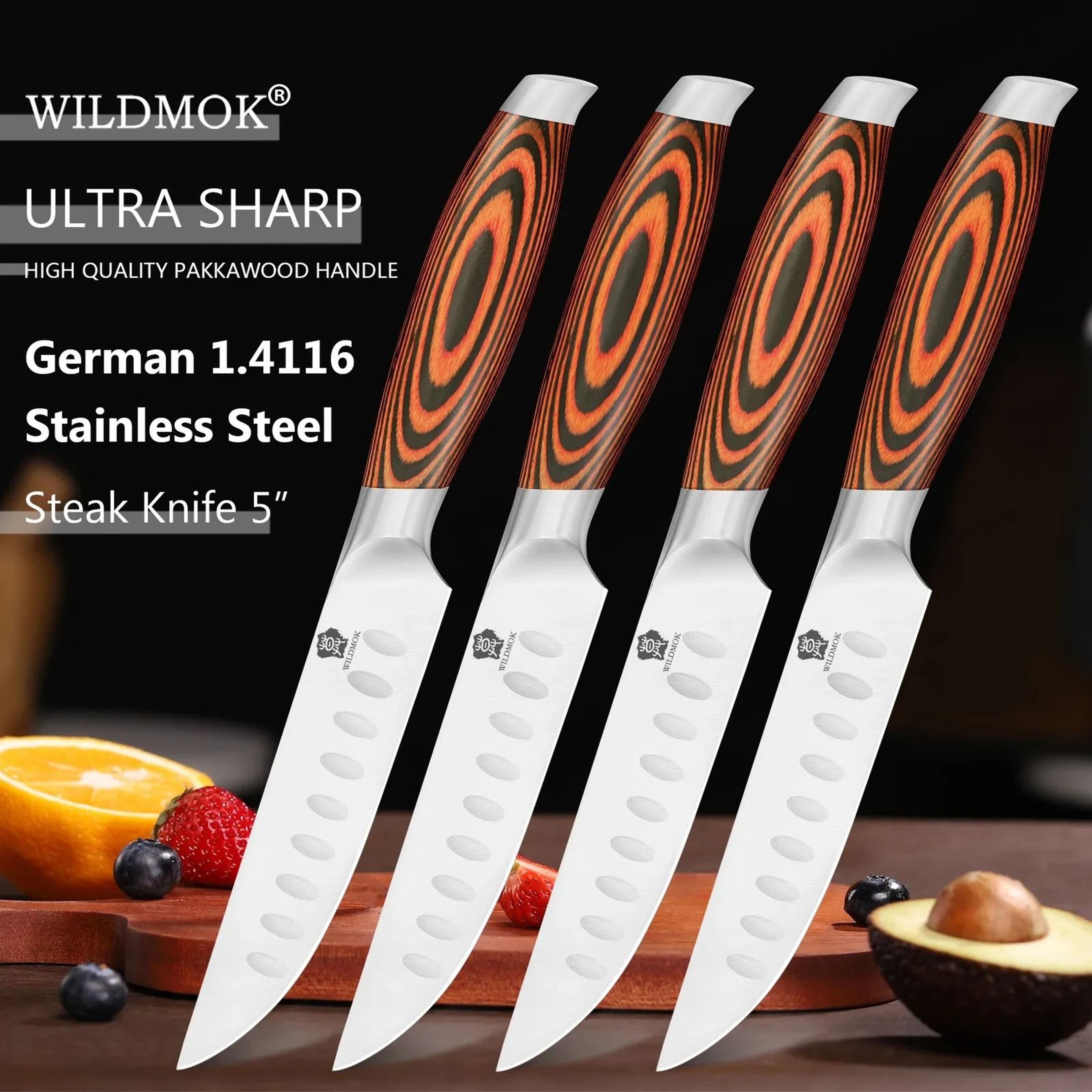 Steak Knife With Stainless Steel Blade And Orange Pakkawood Handle 3