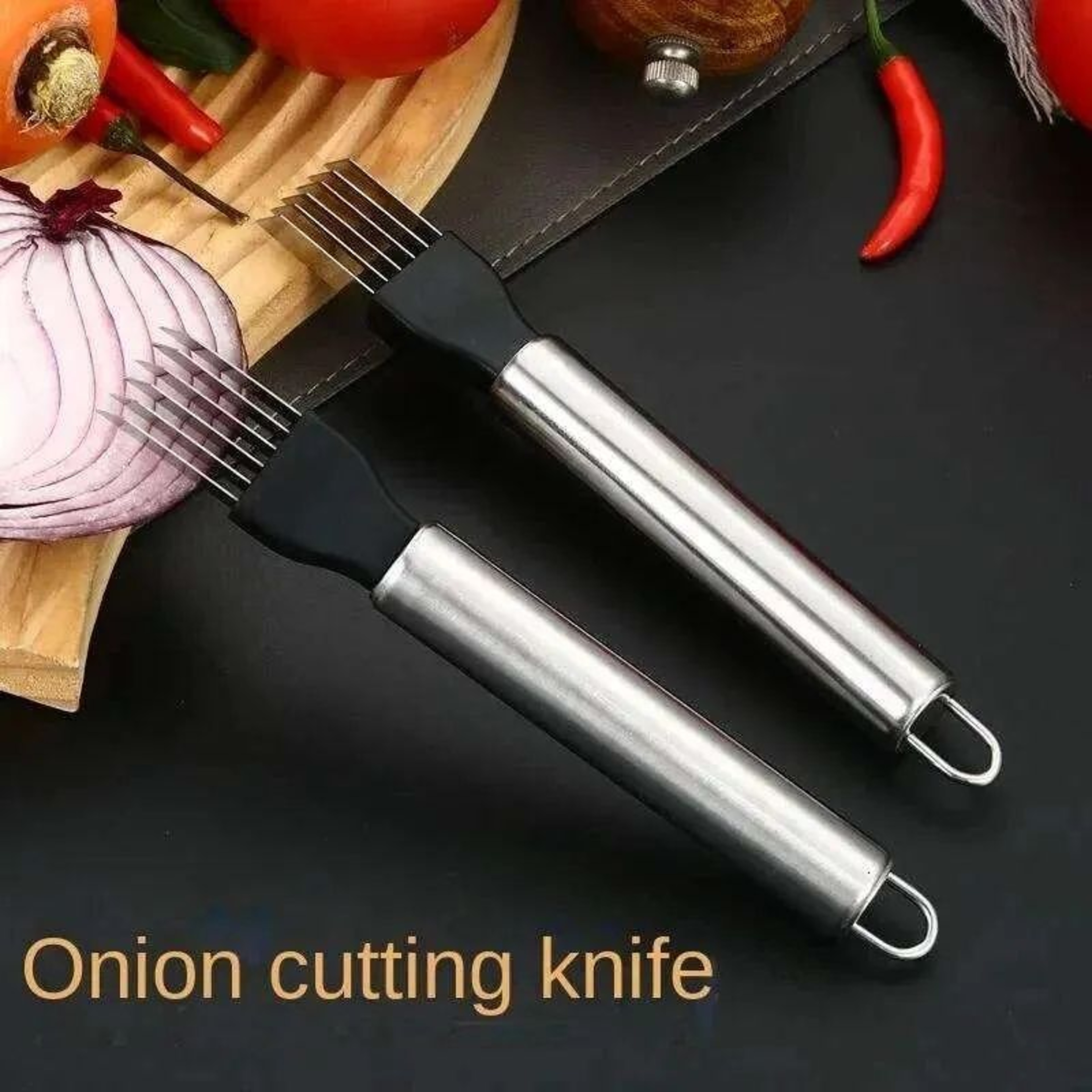 Stainless Steel Onion Cutting Knife With Dual Tine Blade Vegetable Chopper And Slicer 1