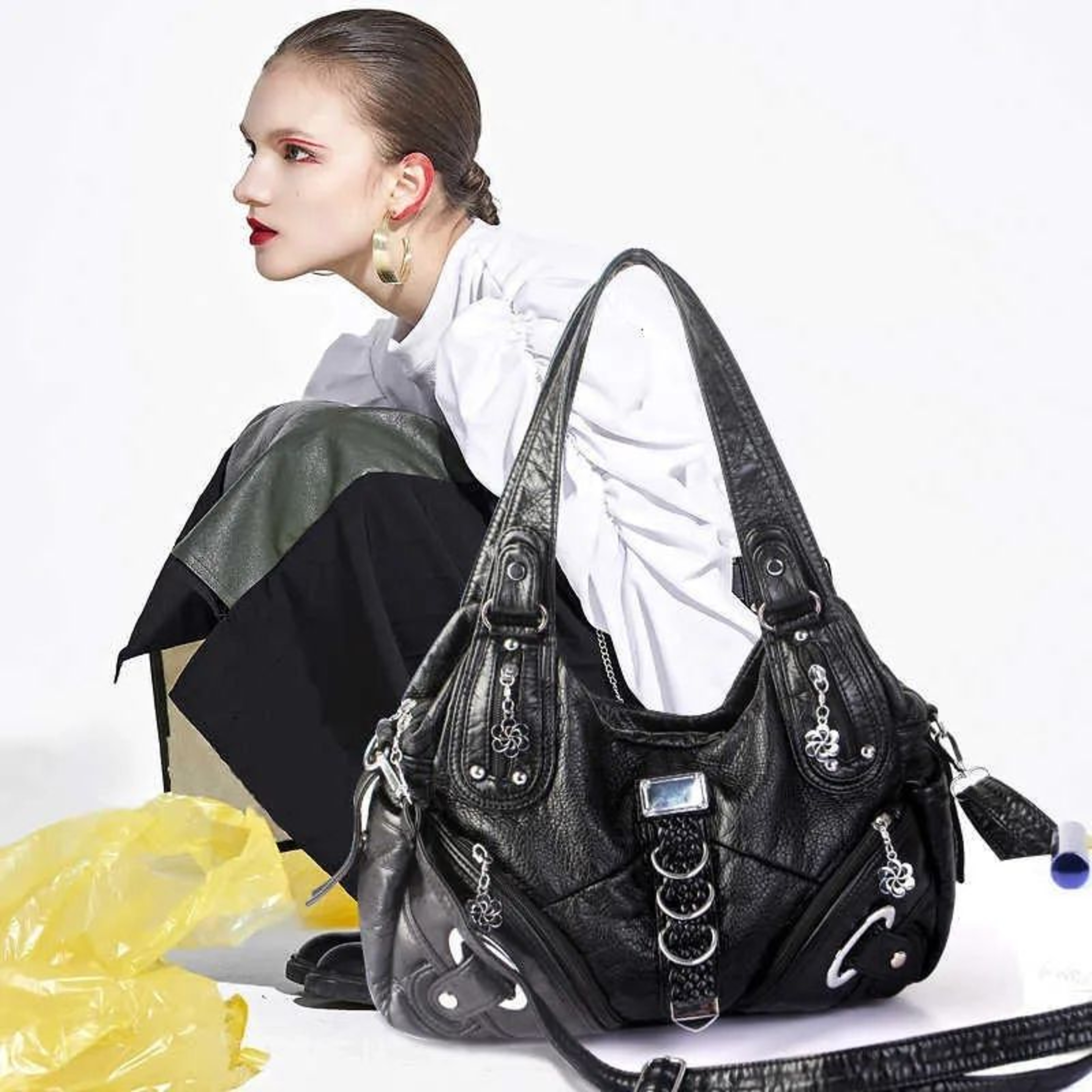 Retro Distressed Hobo Shoulder Bag With Zipper Closure And Interior Compartment 0