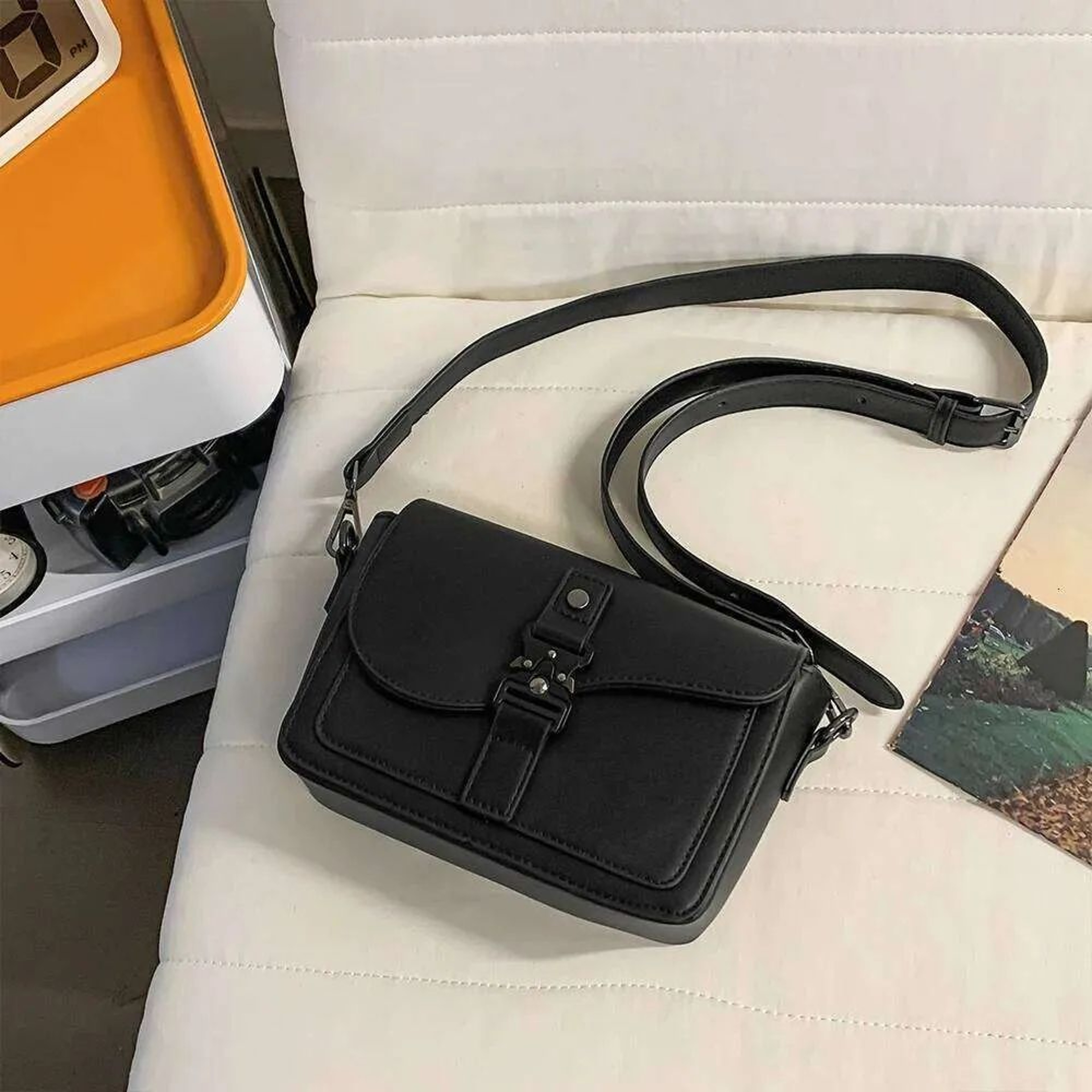 Mens PU Leather Crossbody Bag With Textured Plaid Design And Adjustable Shoulder Strap 0