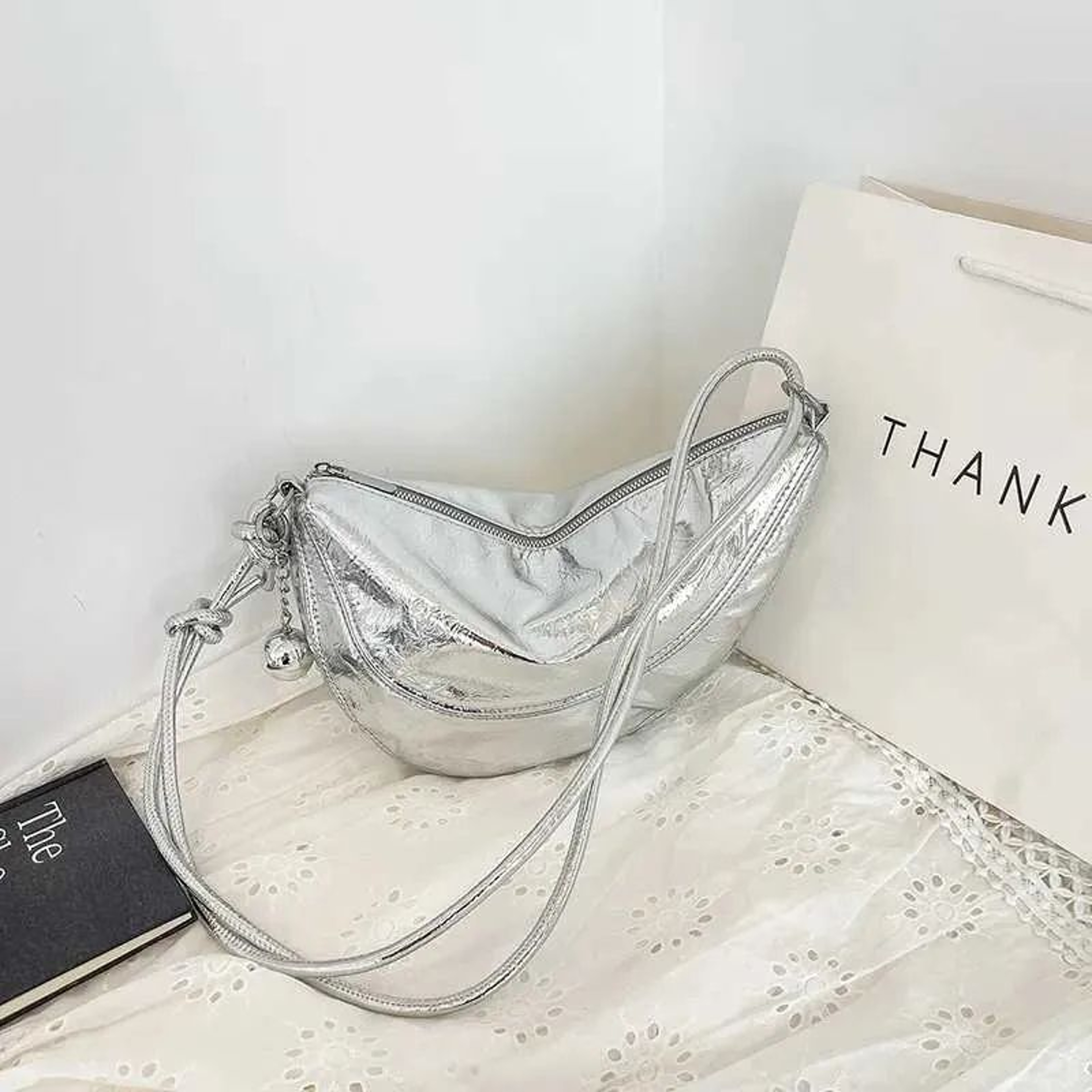 Womens Silver Crossbody Bag With Adjustable Strap Bucket Shoulder Purse 1