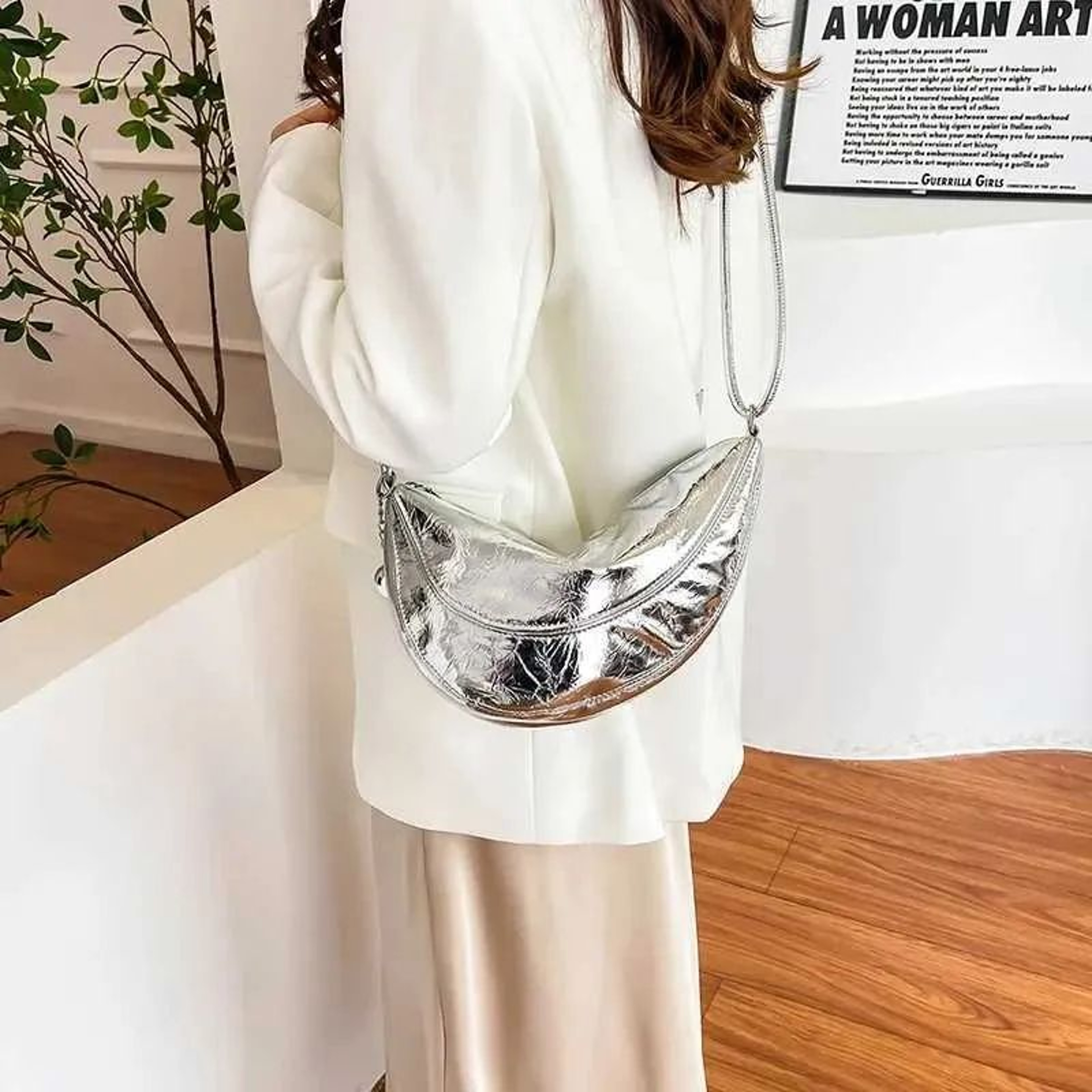 Womens Silver Crossbody Bag With Adjustable Strap Bucket Shoulder Purse 2