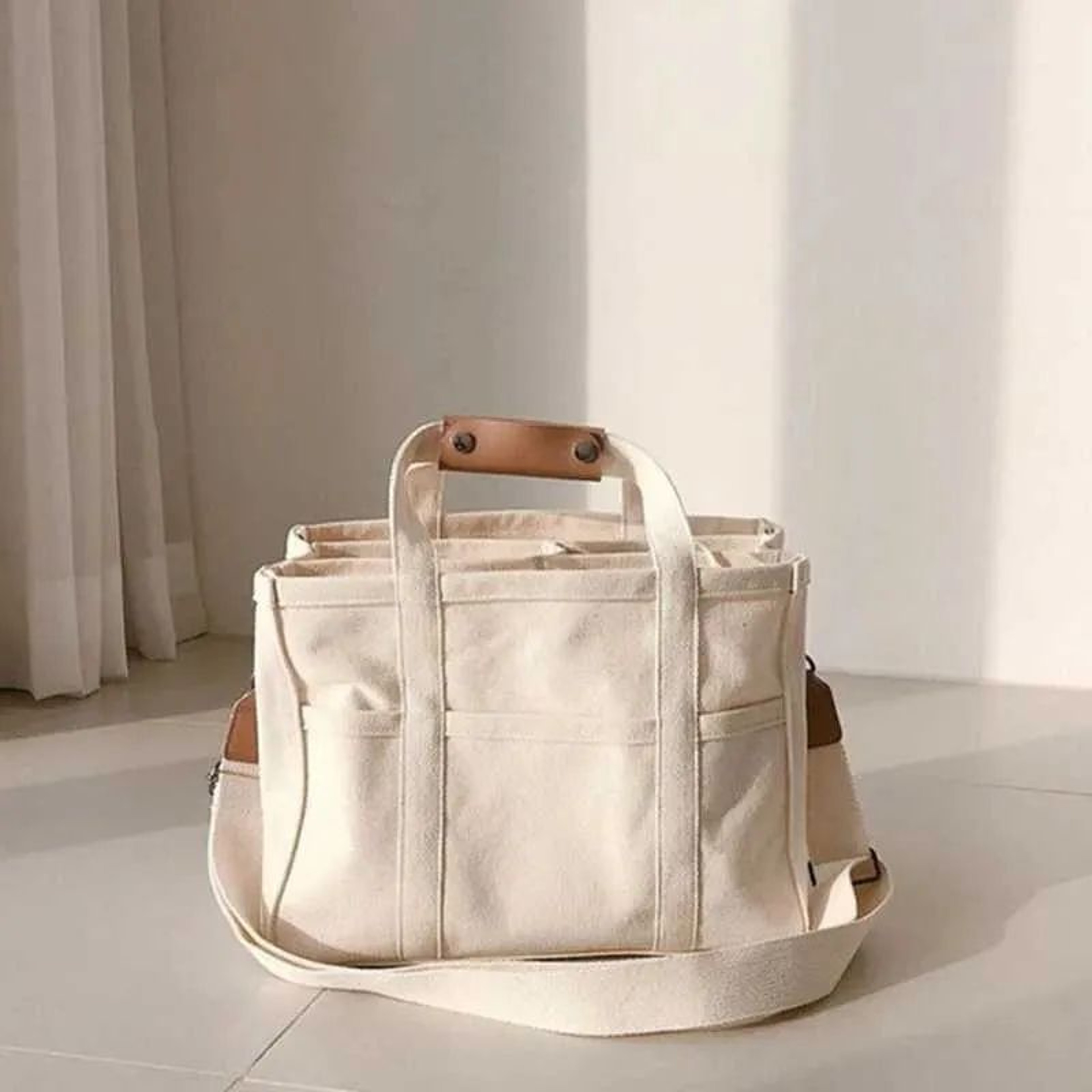 Womens Large Canvas Tote Handbag With Zipper Closure And Multi Layer Design 0