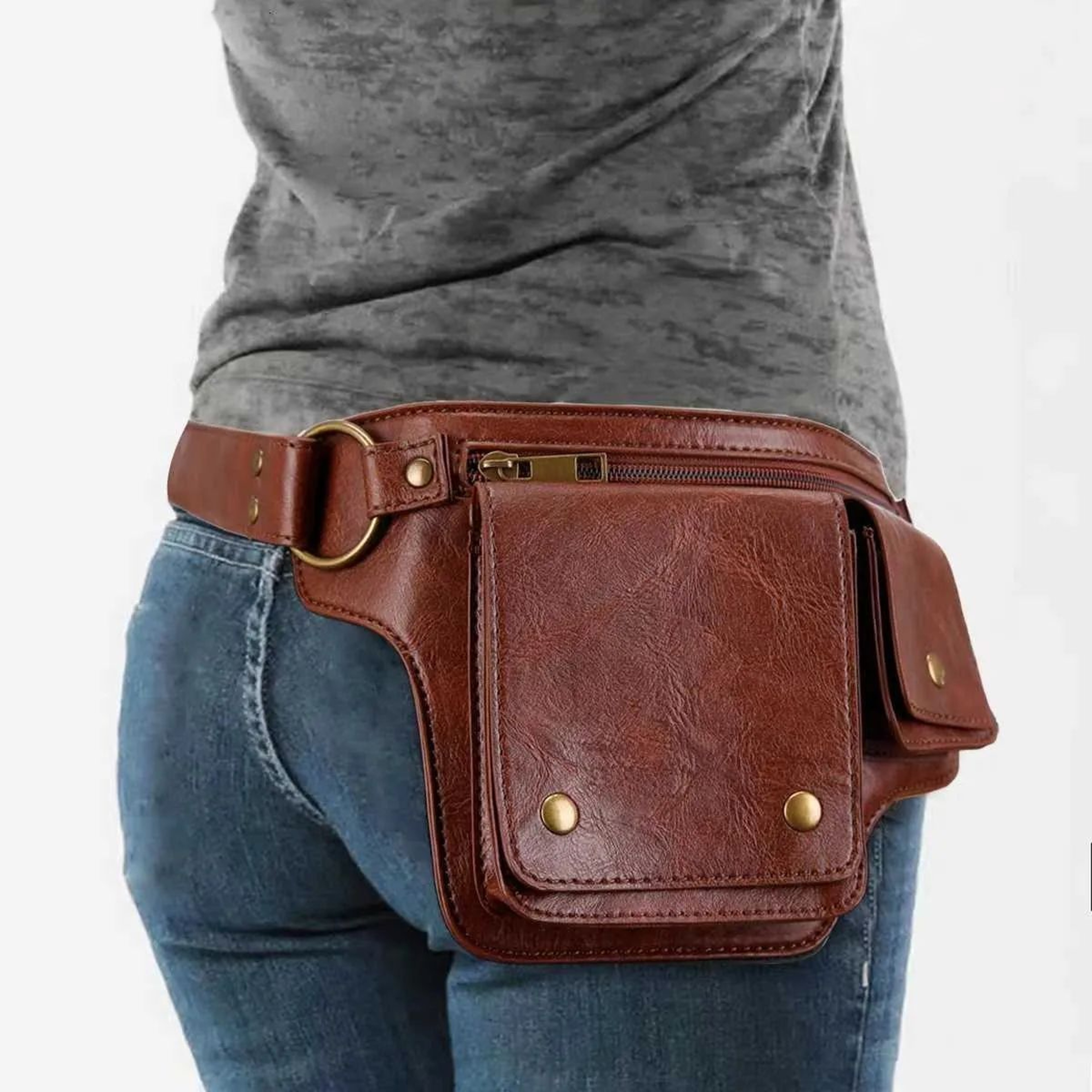 Punk Motorcycle Style Waist Bag With Adjustable Belt Retro Outdoor Fanny Pack 2