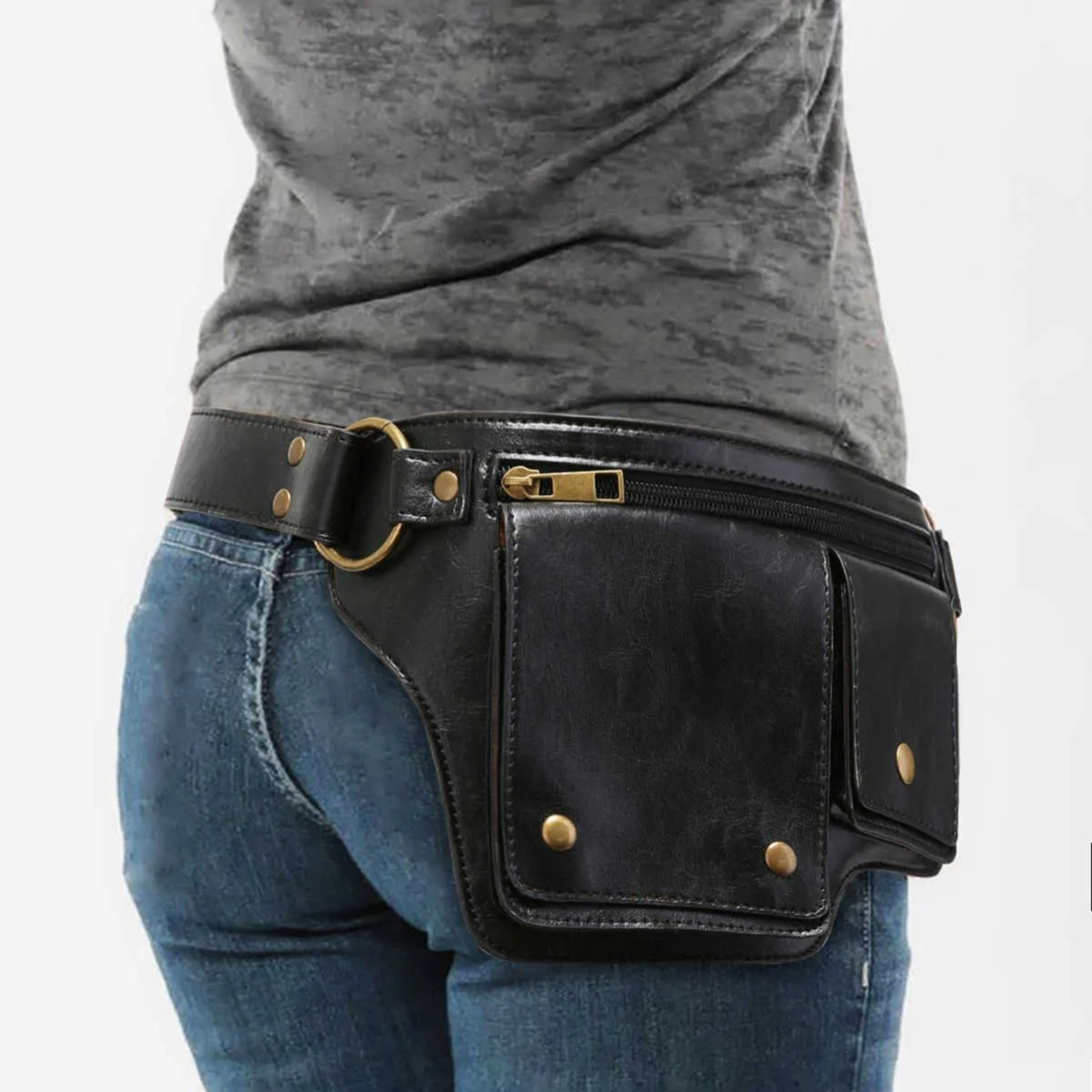 Punk Motorcycle Style Waist Bag With Adjustable Belt Retro Outdoor Fanny Pack 0