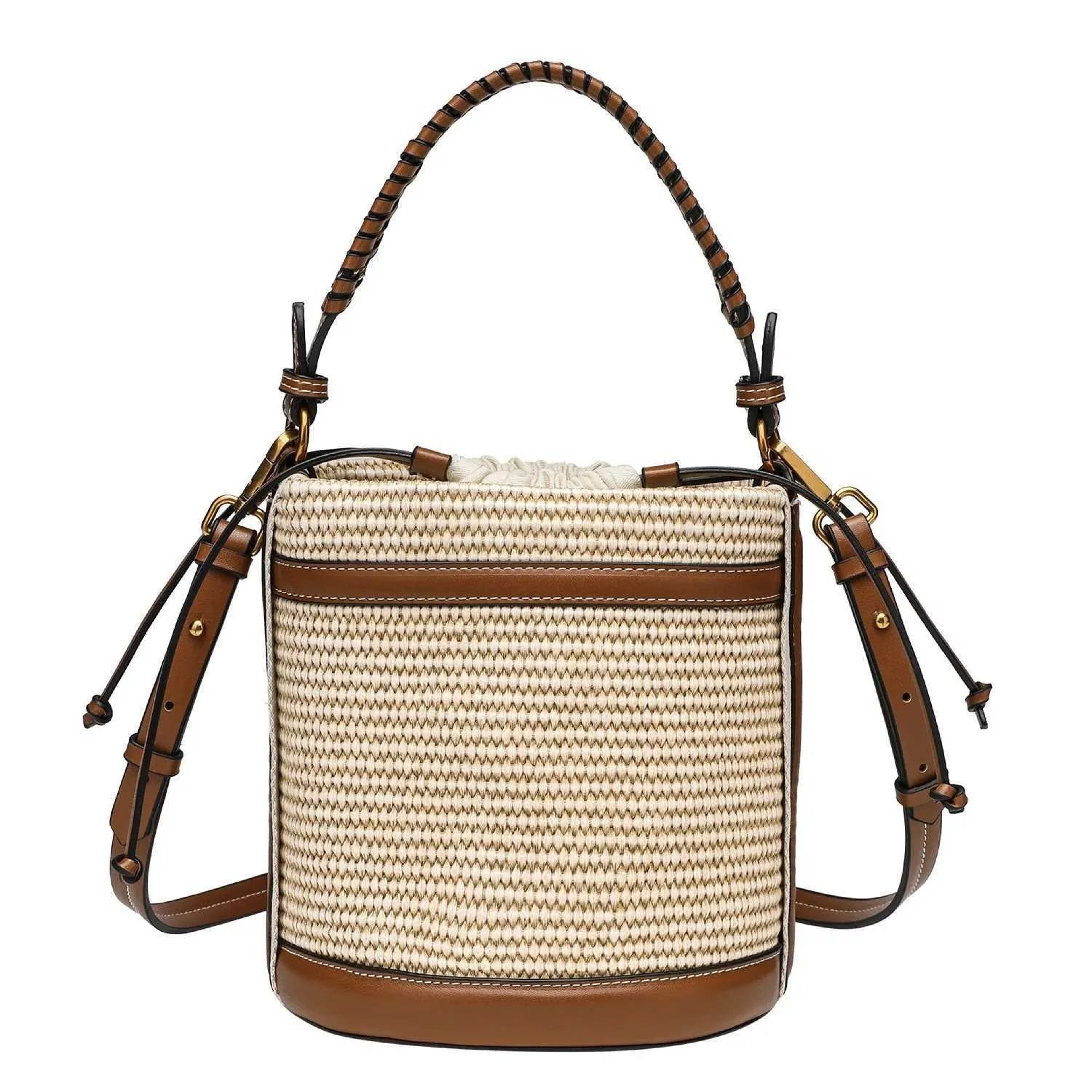 Womens Straw Style Bucket Bag With Woven Paneled Design And Crossbody Strap 0