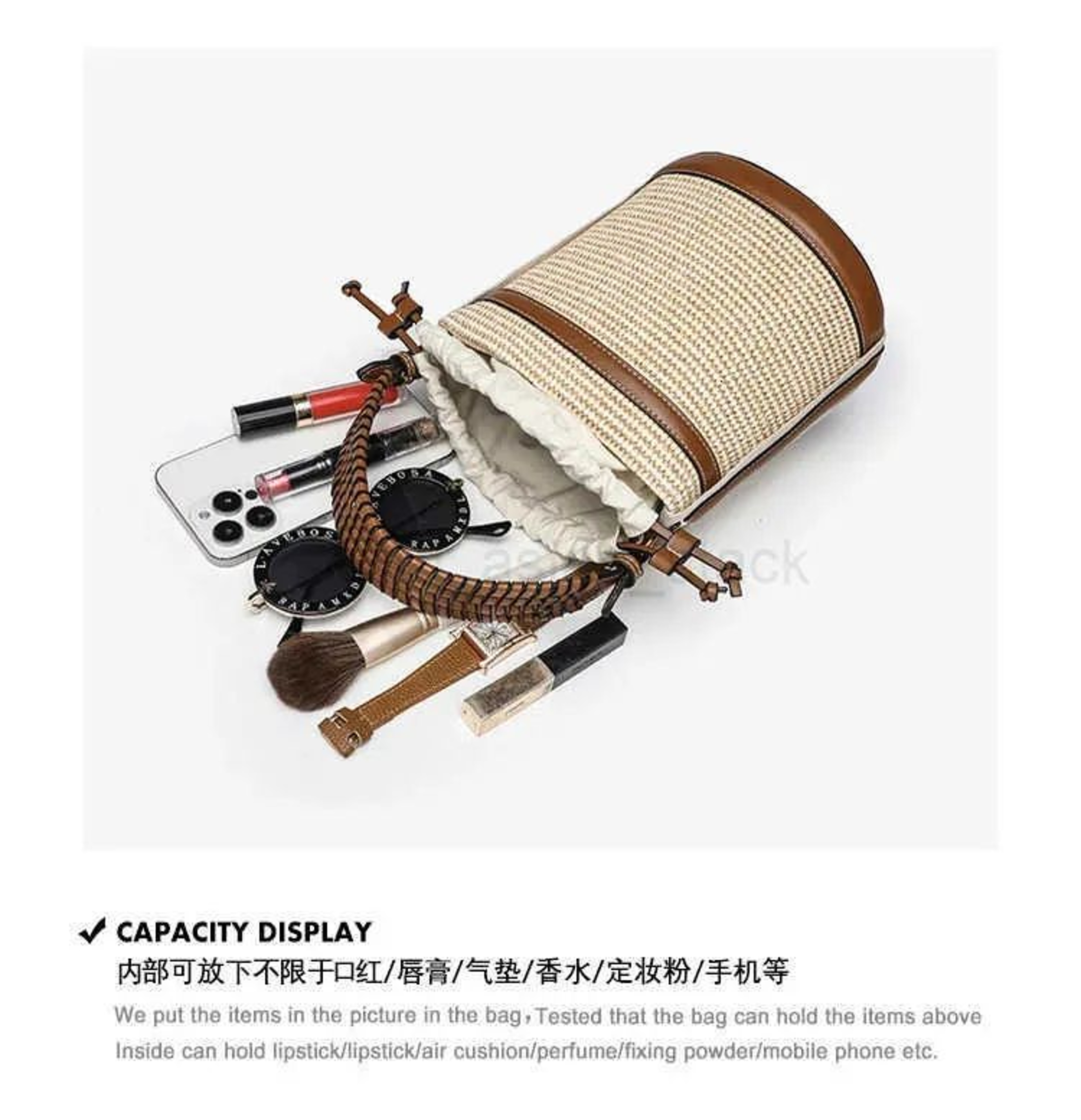 Womens Straw Style Bucket Bag With Woven Paneled Design And Crossbody Strap 6