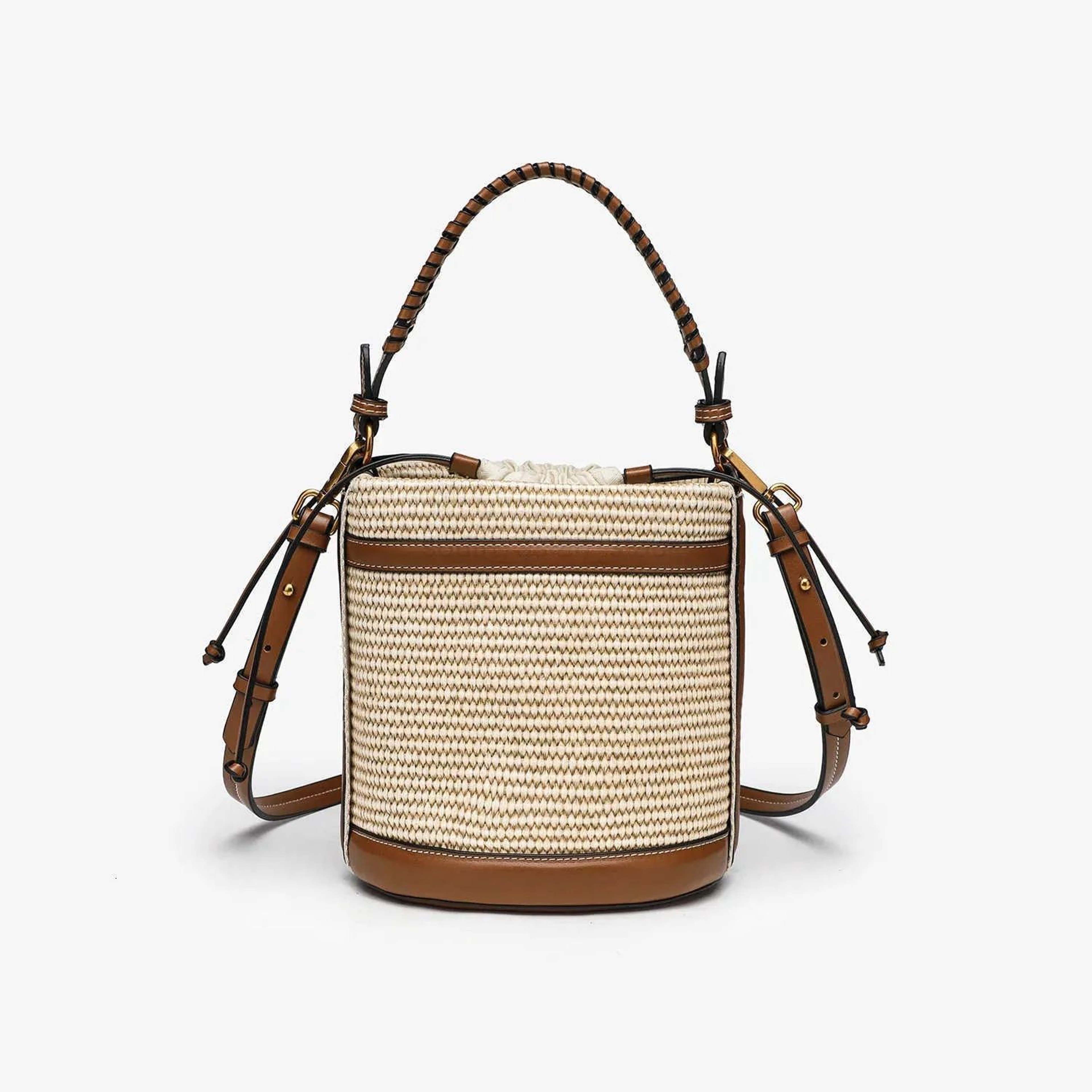 Womens Straw Style Bucket Bag With Woven Paneled Design And Crossbody Strap 2