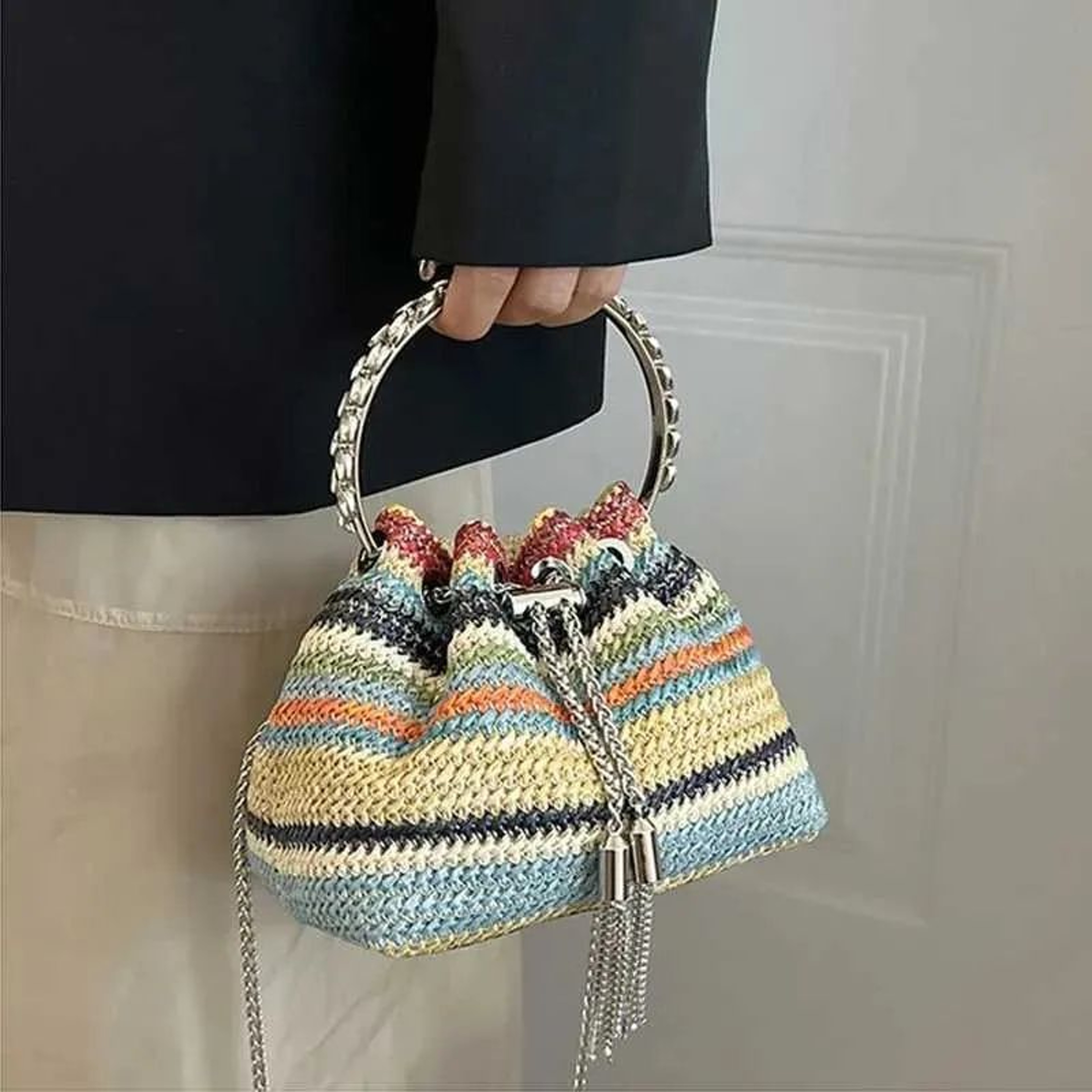 Vintage Womens Shoulder Bag With Blue And White Stripes And Bow Detail 0
