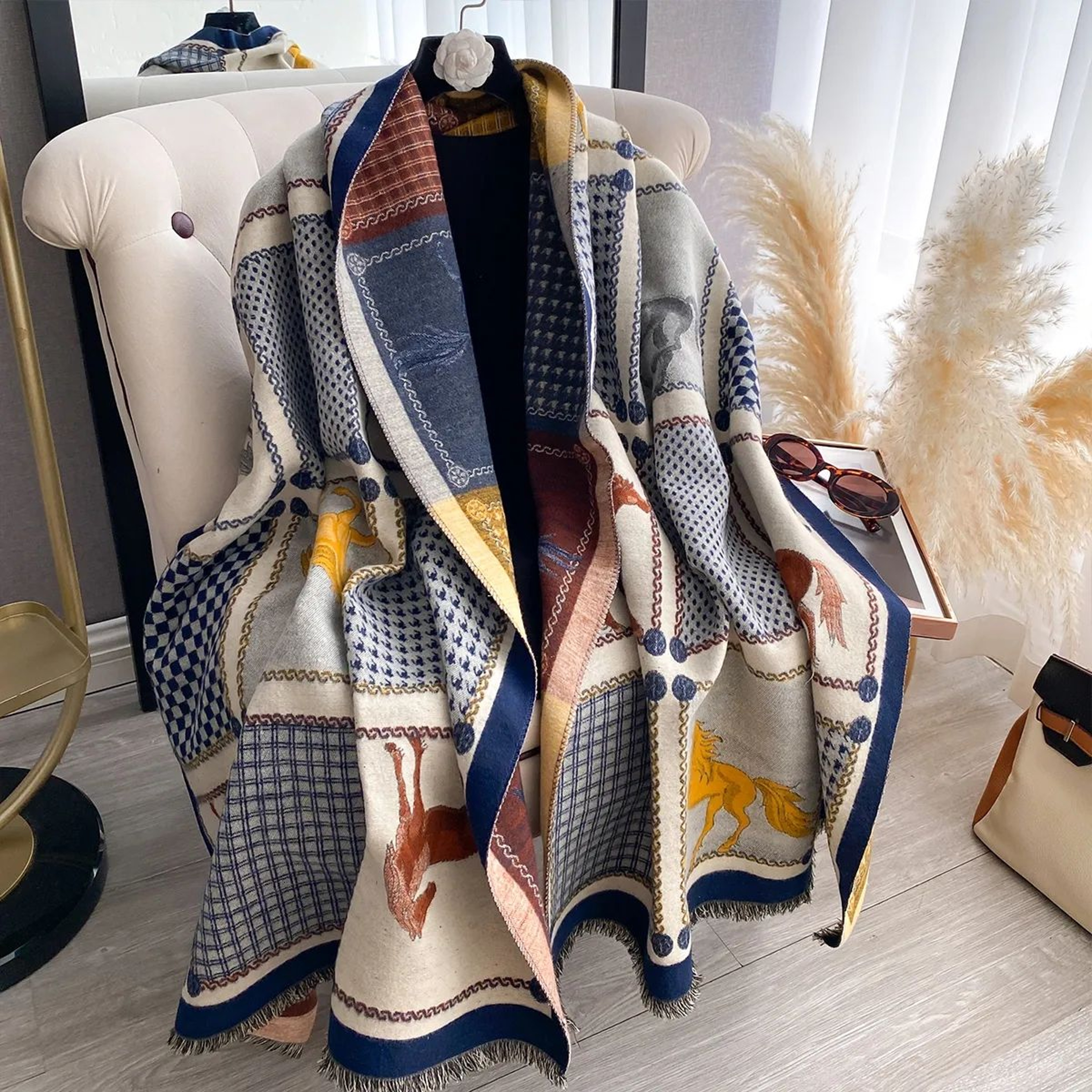 Womens Double Sided Plaid And Animal Print Pashmina Scarf Shawl For Fall And Winter 1