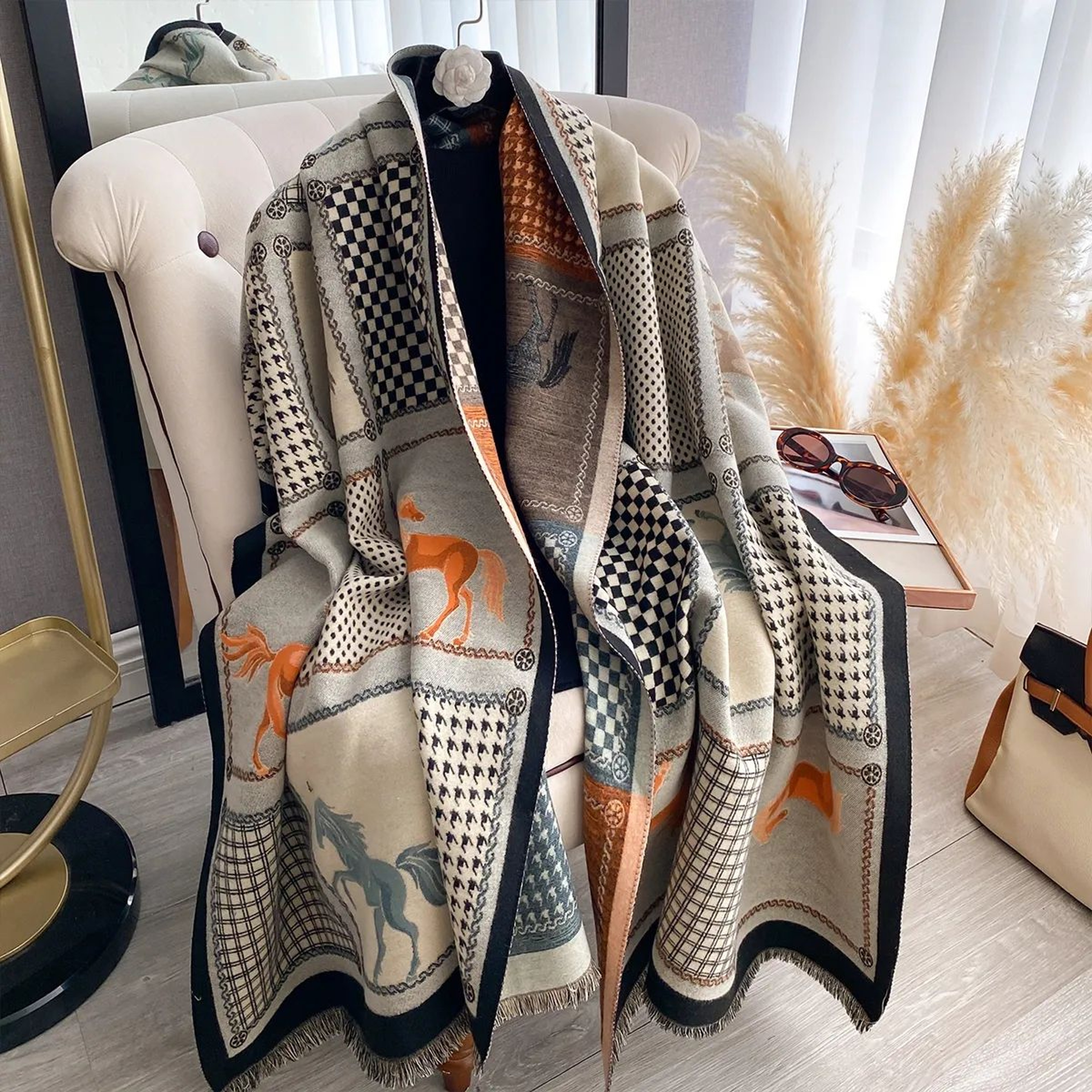 Womens Double Sided Plaid And Animal Print Pashmina Scarf Shawl For Fall And Winter 3