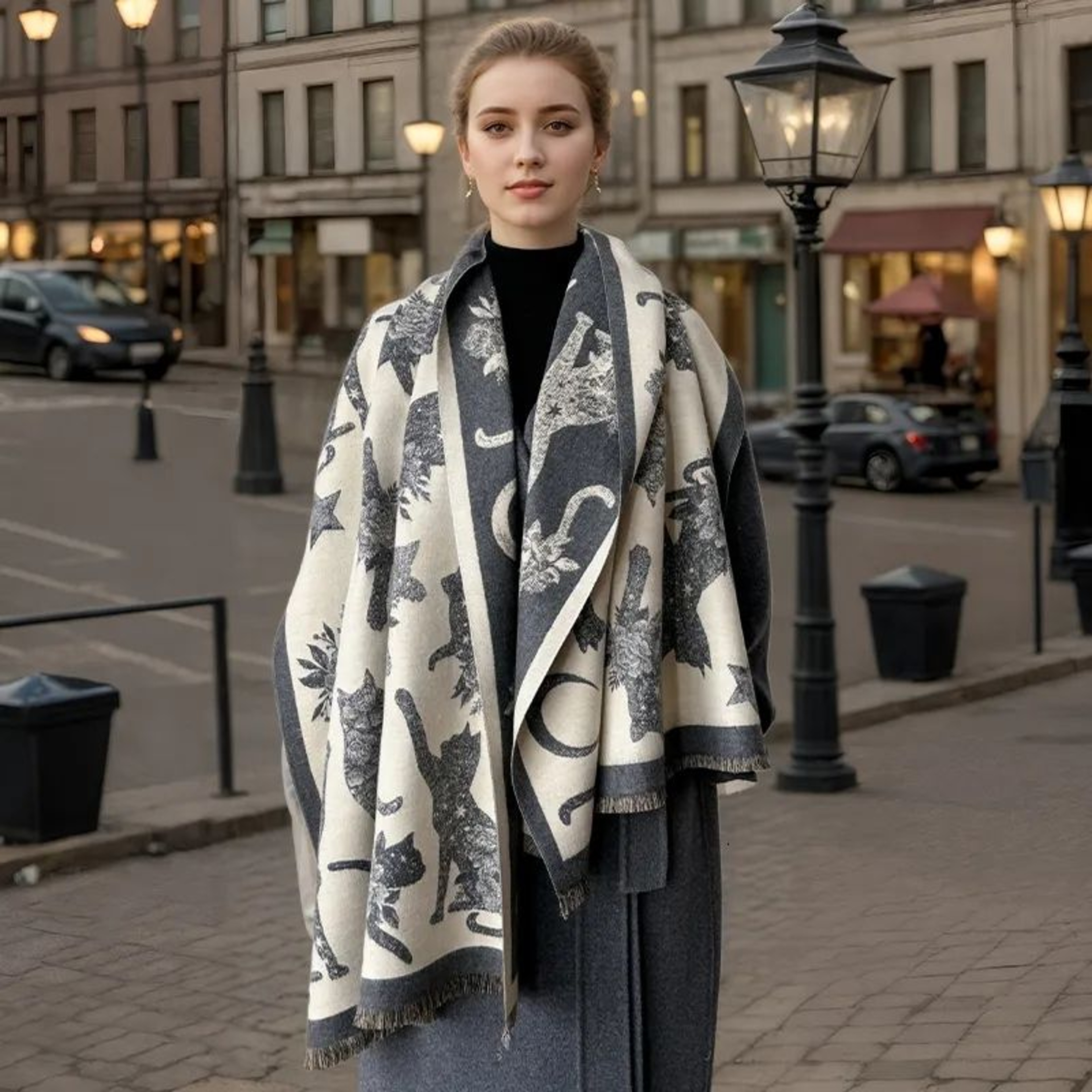 Womens Winter Scarf With Star And Cat Print Warm Pashmina Shawl Wrap 0