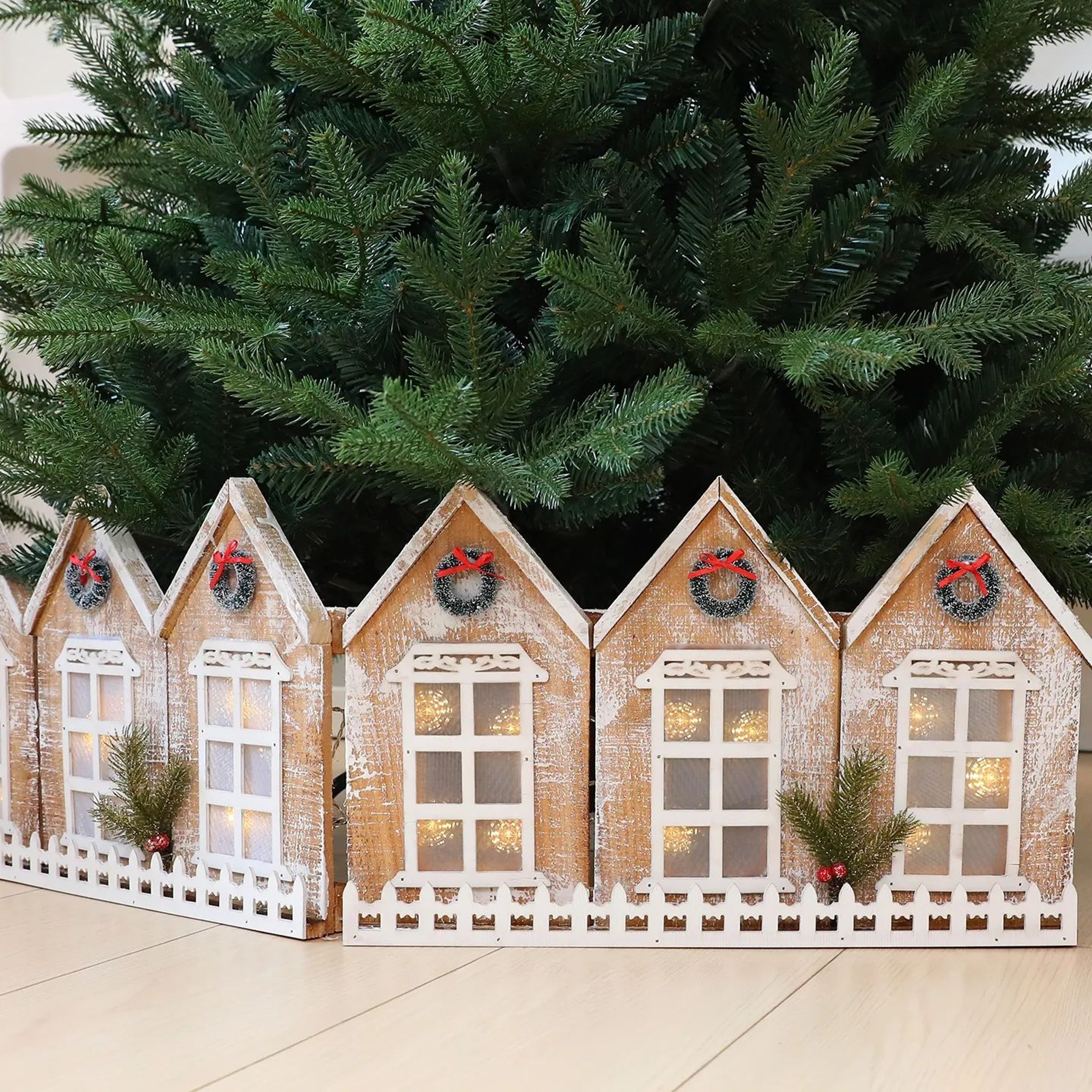 Lighted Wooden Christmas Fence Decoration With Foldable Snowy Village Scene 3