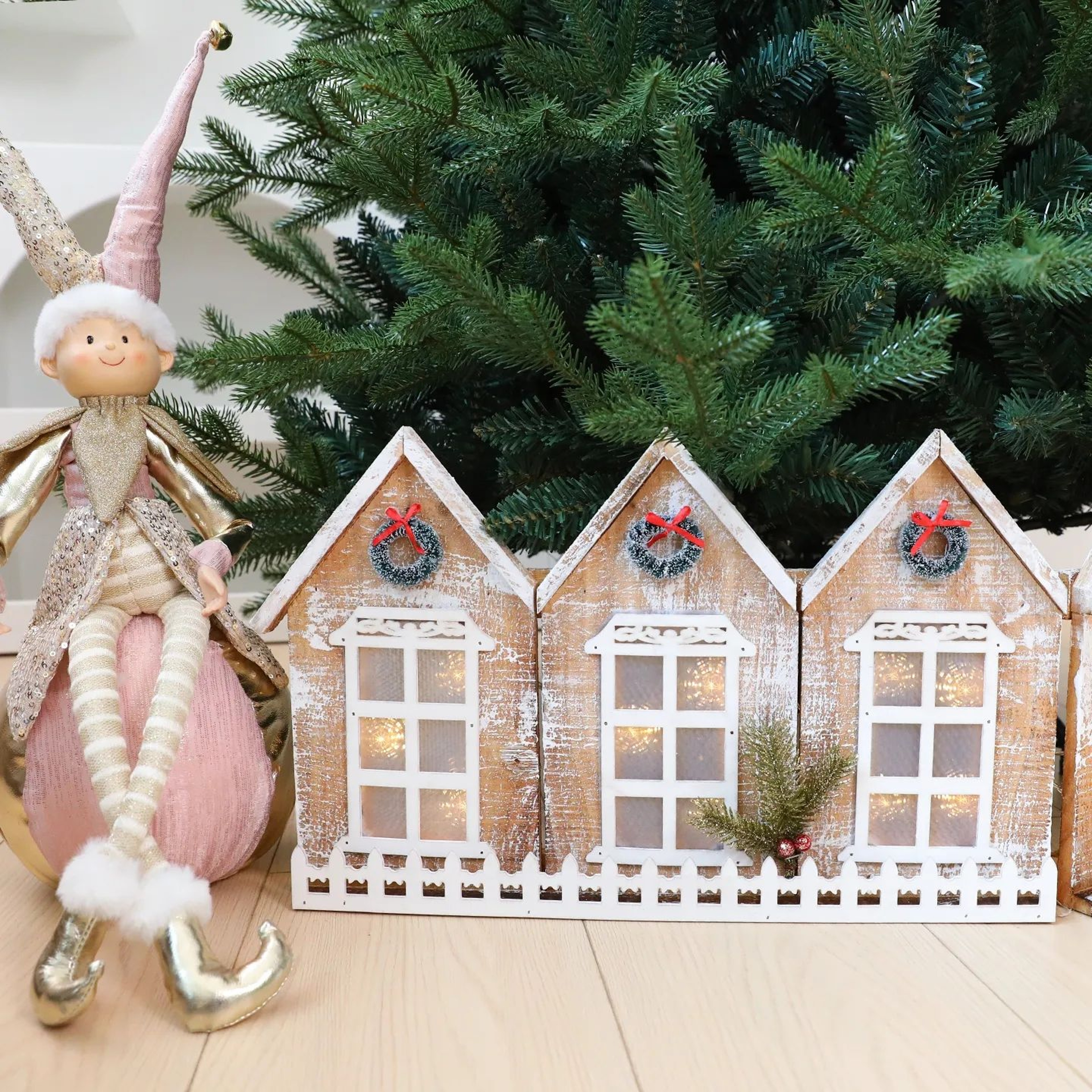 Lighted Wooden Christmas Fence Decoration With Foldable Snowy Village Scene 5