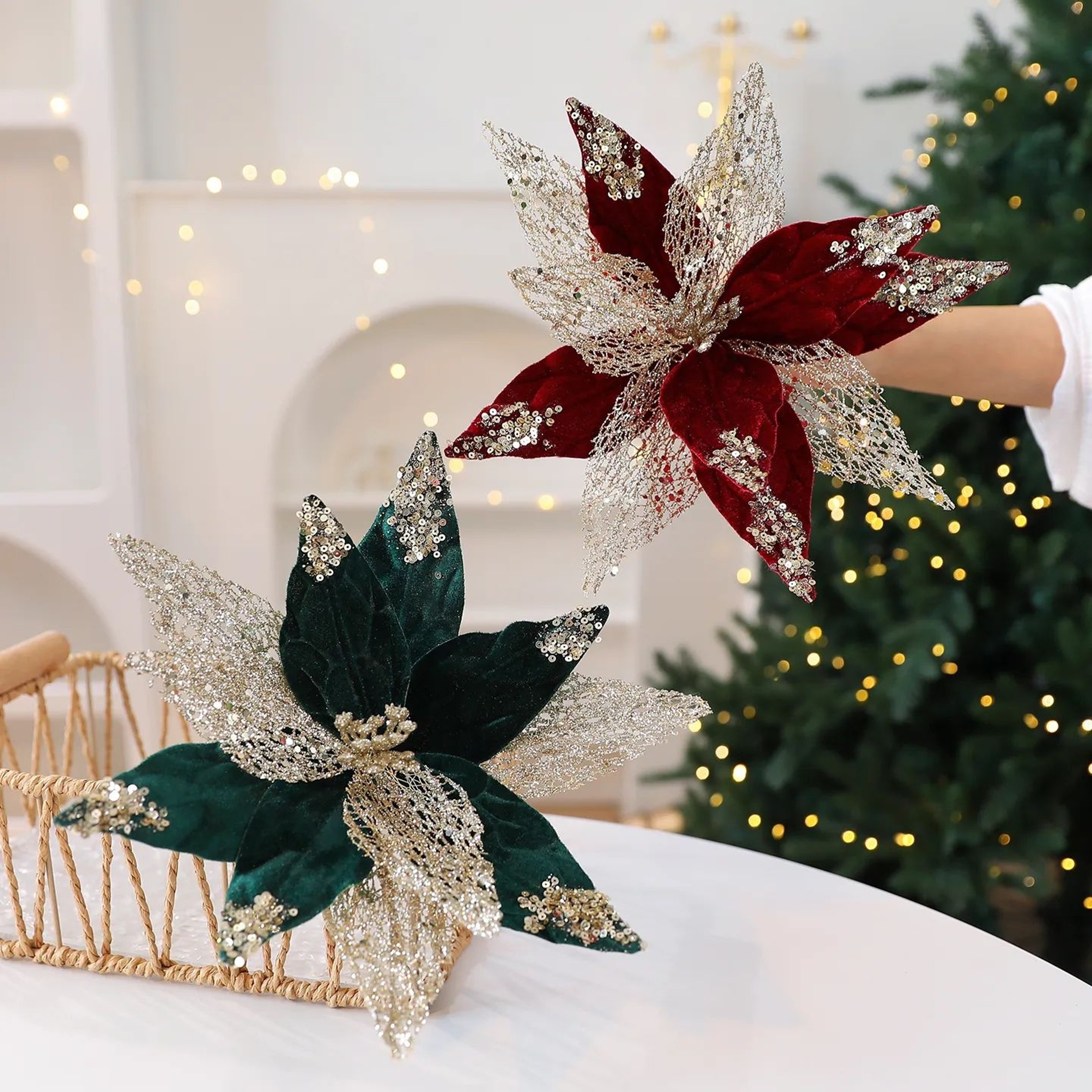 Sequin Artificial Christmas Flower Decorative Ornament For Wreaths And Trees 0