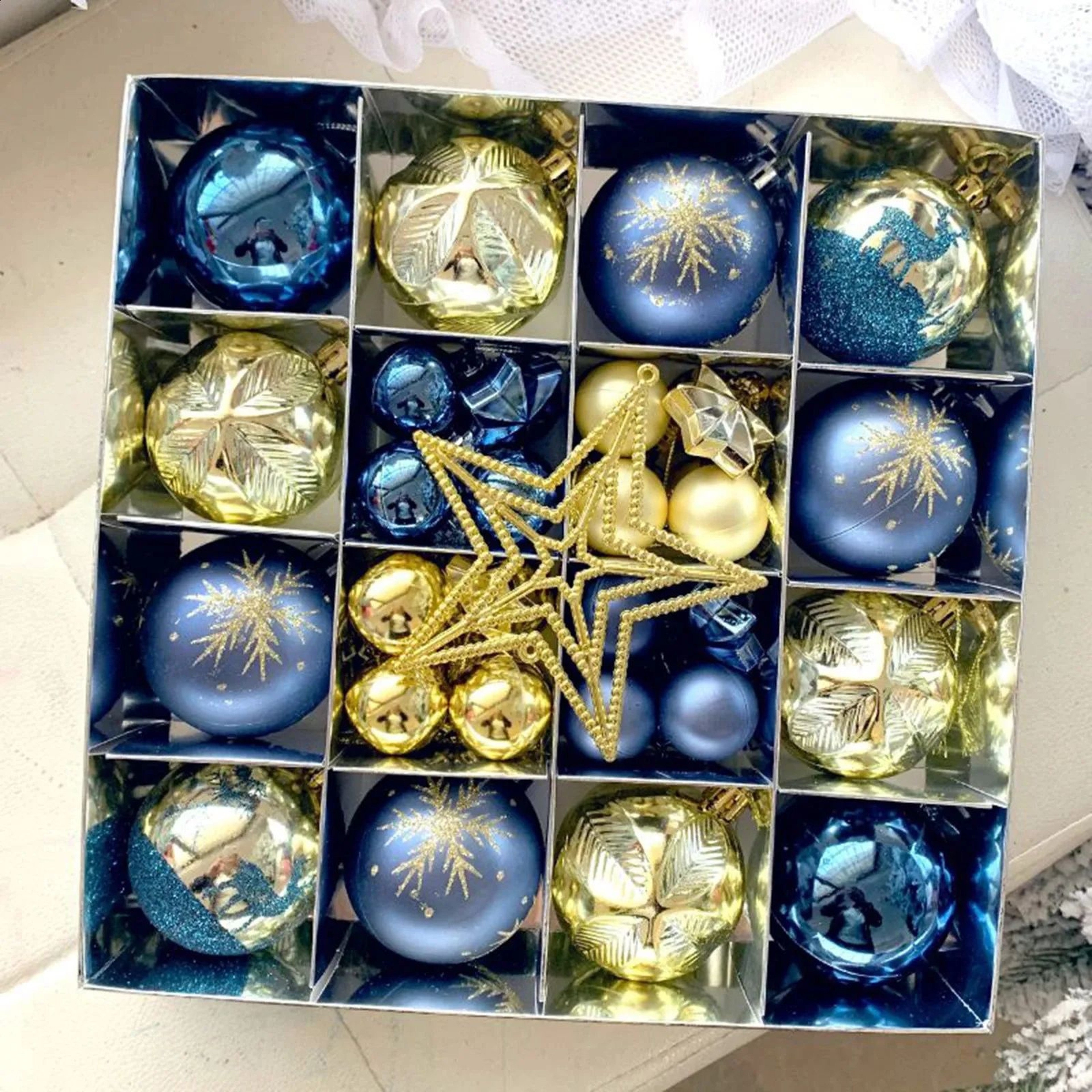 Christmas Ball Ornament Set Blue And Gold Metal Hanging Tree Decorations 0