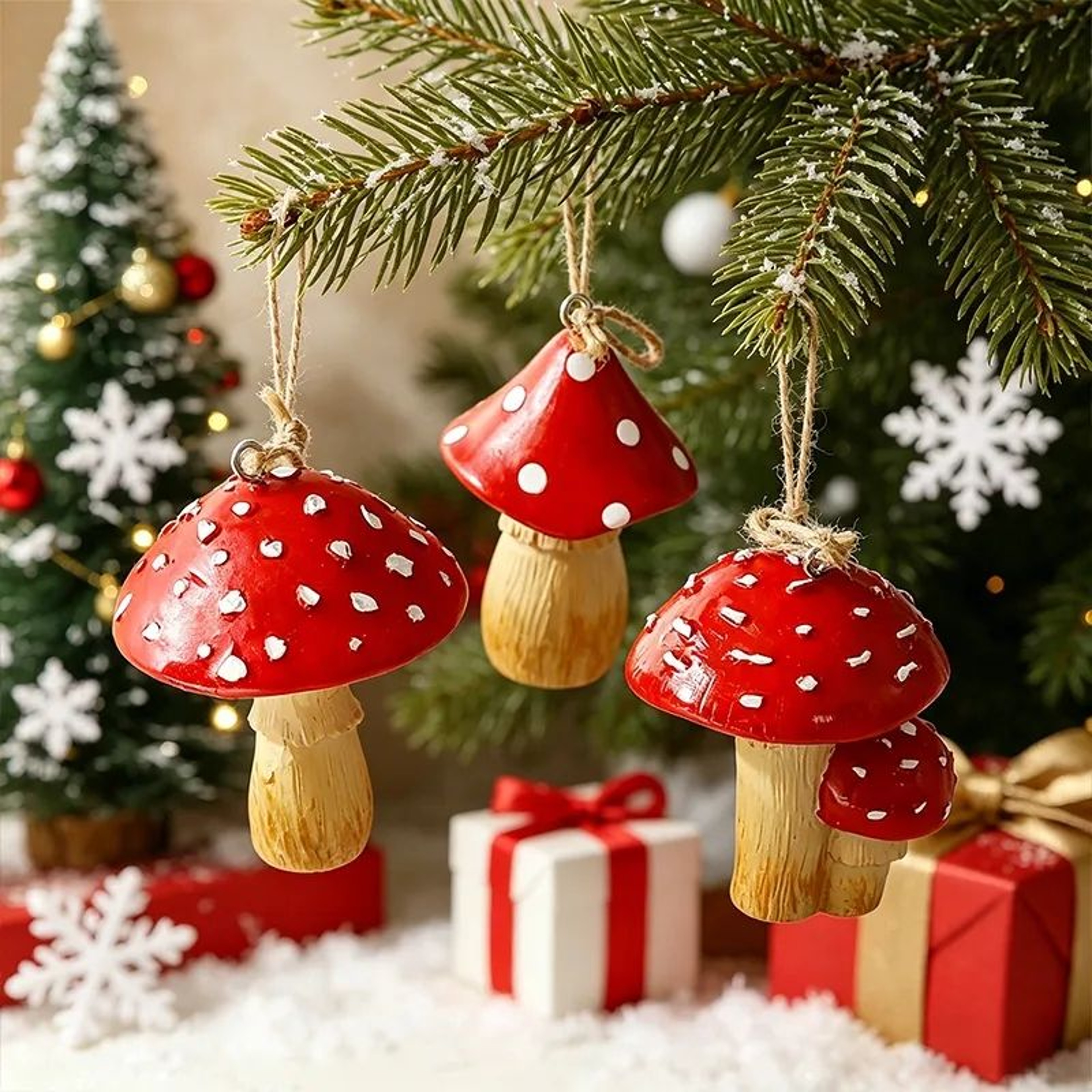 Hand Painted Resin Mushroom Christmas Ornaments Hanging Decor Set 0