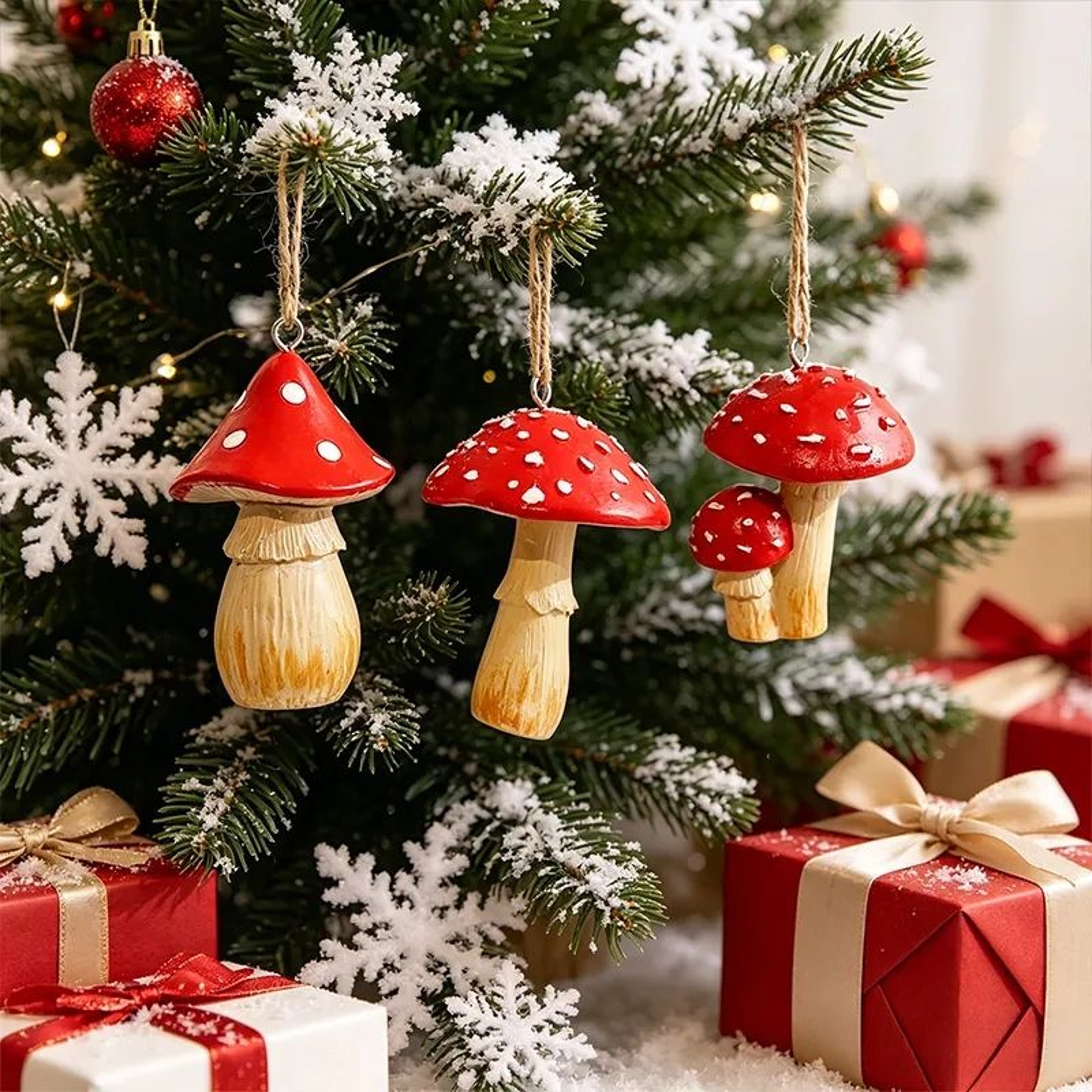 Hand Painted Resin Mushroom Christmas Ornaments Hanging Decor Set 1