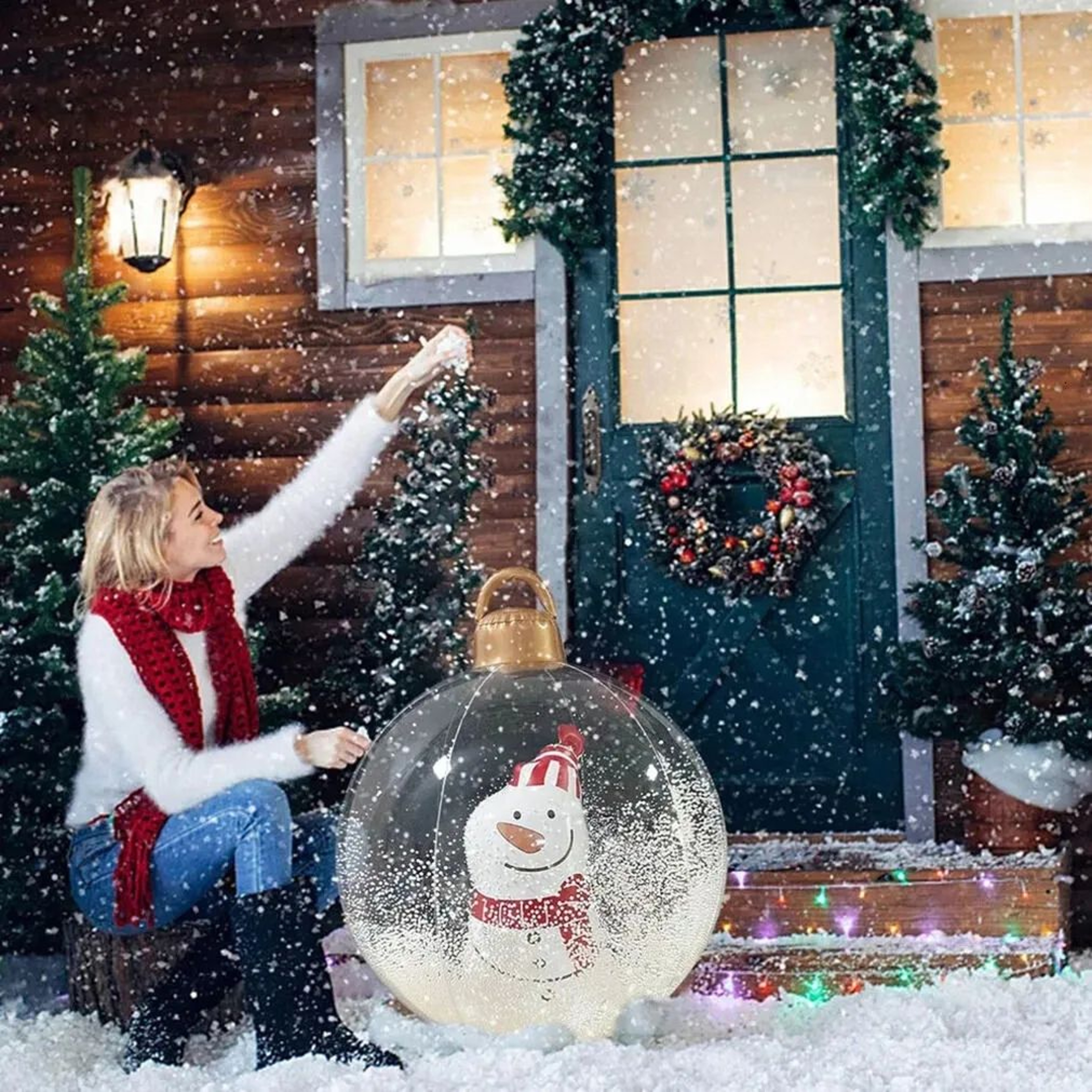 Giant Inflatable Christmas Ball Ornament With LED Light Snowman Design 0