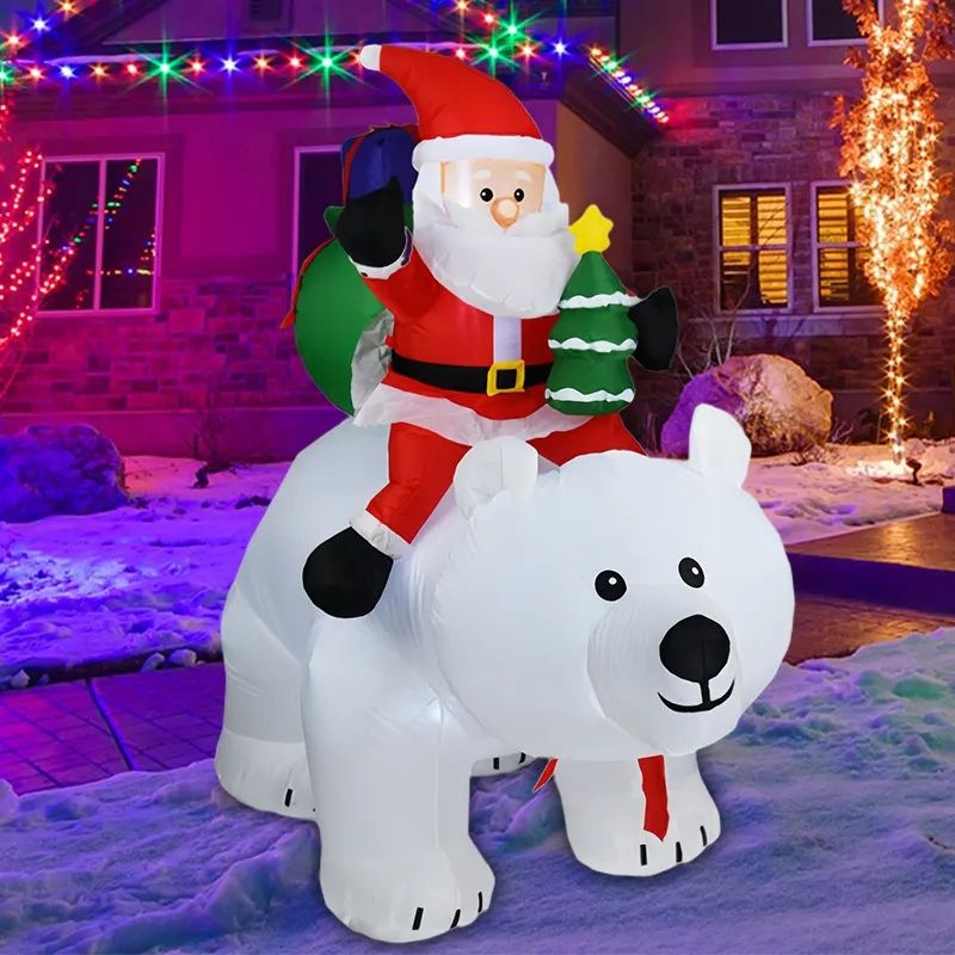 Christmas Inflatable Santa Riding Polar Bear With LED Lights For Outdoor Decor 2