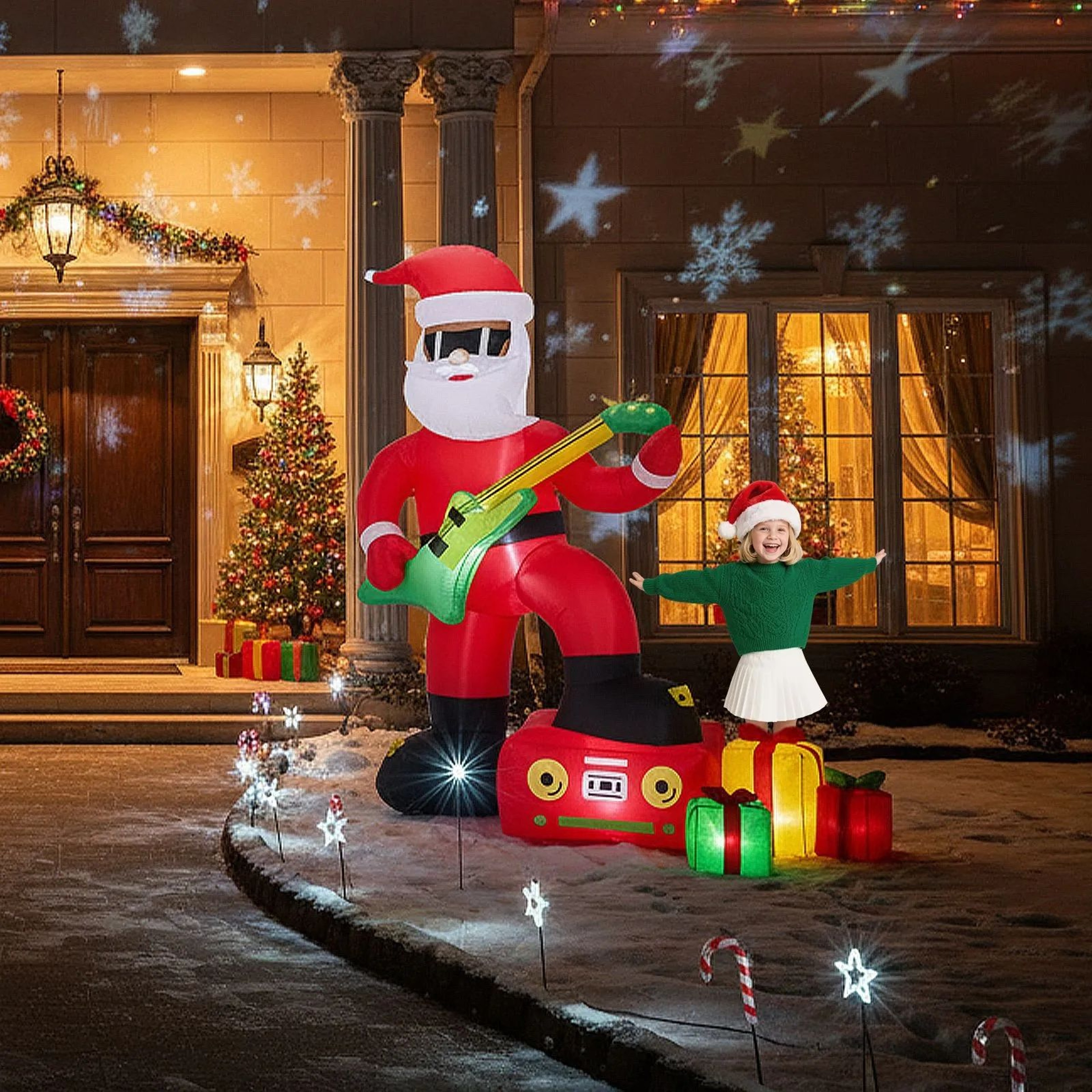Lighted Christmas Inflatable Black Santa Playing Electric Guitar With LED Lights 5