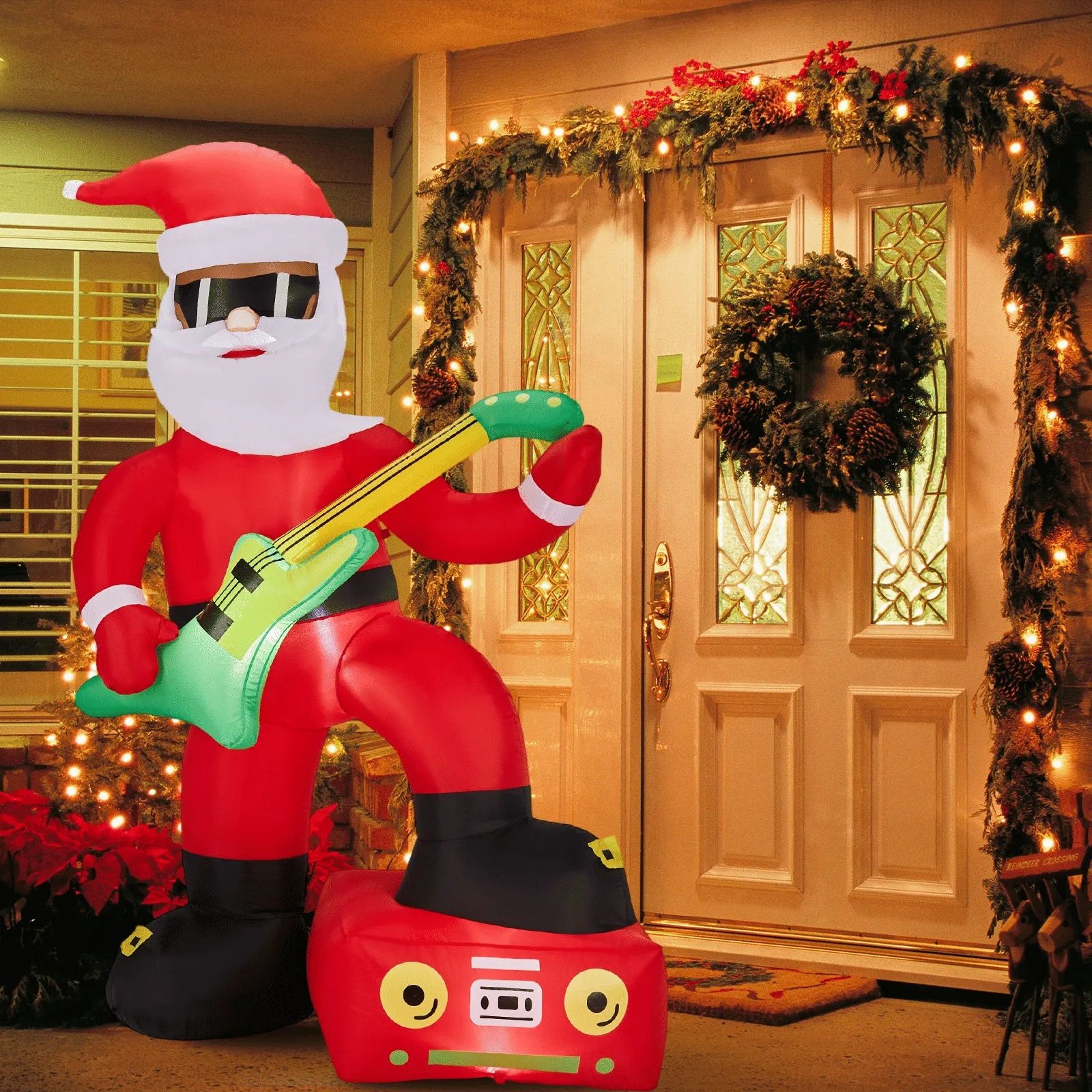 Lighted Christmas Inflatable Black Santa Playing Electric Guitar With LED Lights 1