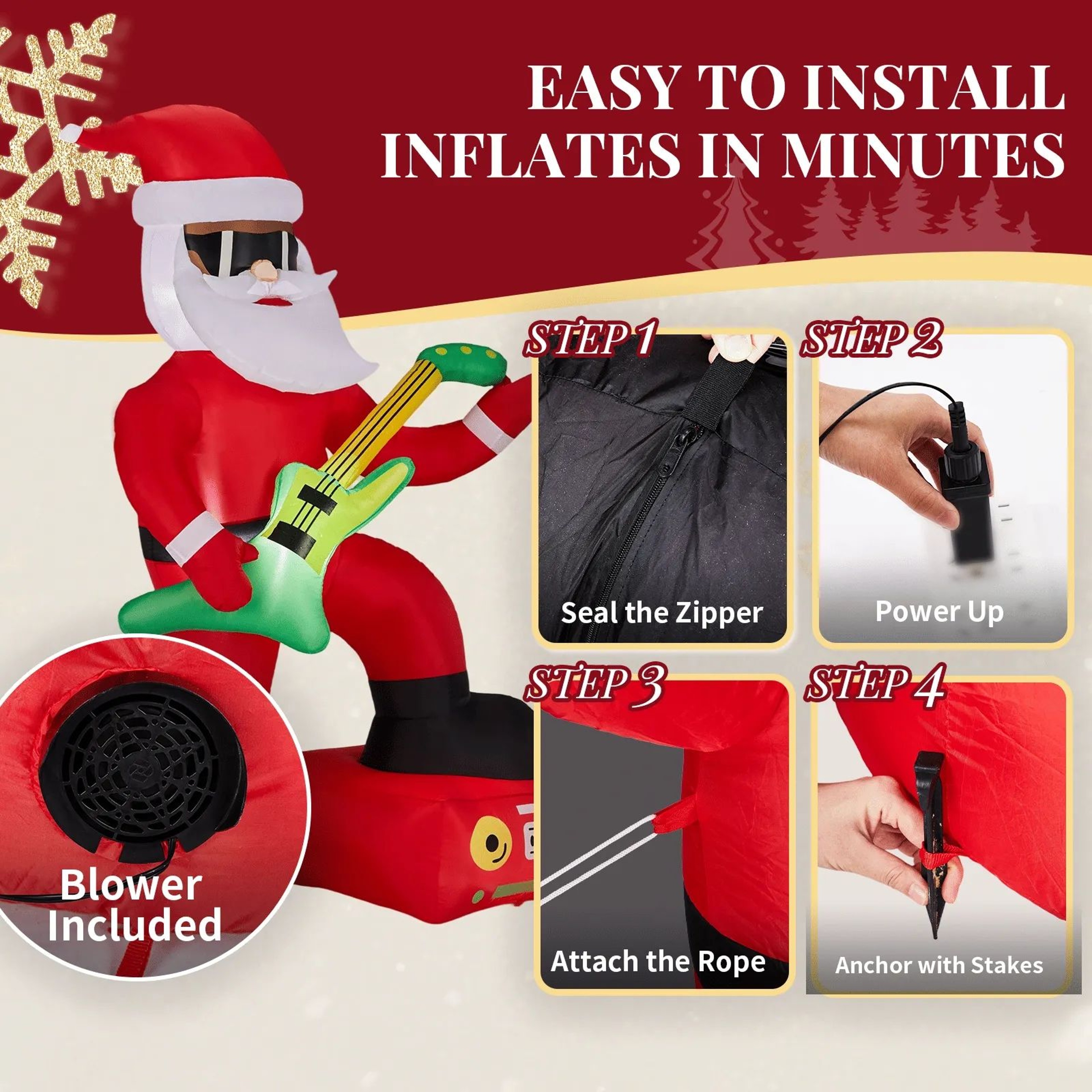 Lighted Christmas Inflatable Black Santa Playing Electric Guitar With LED Lights 4