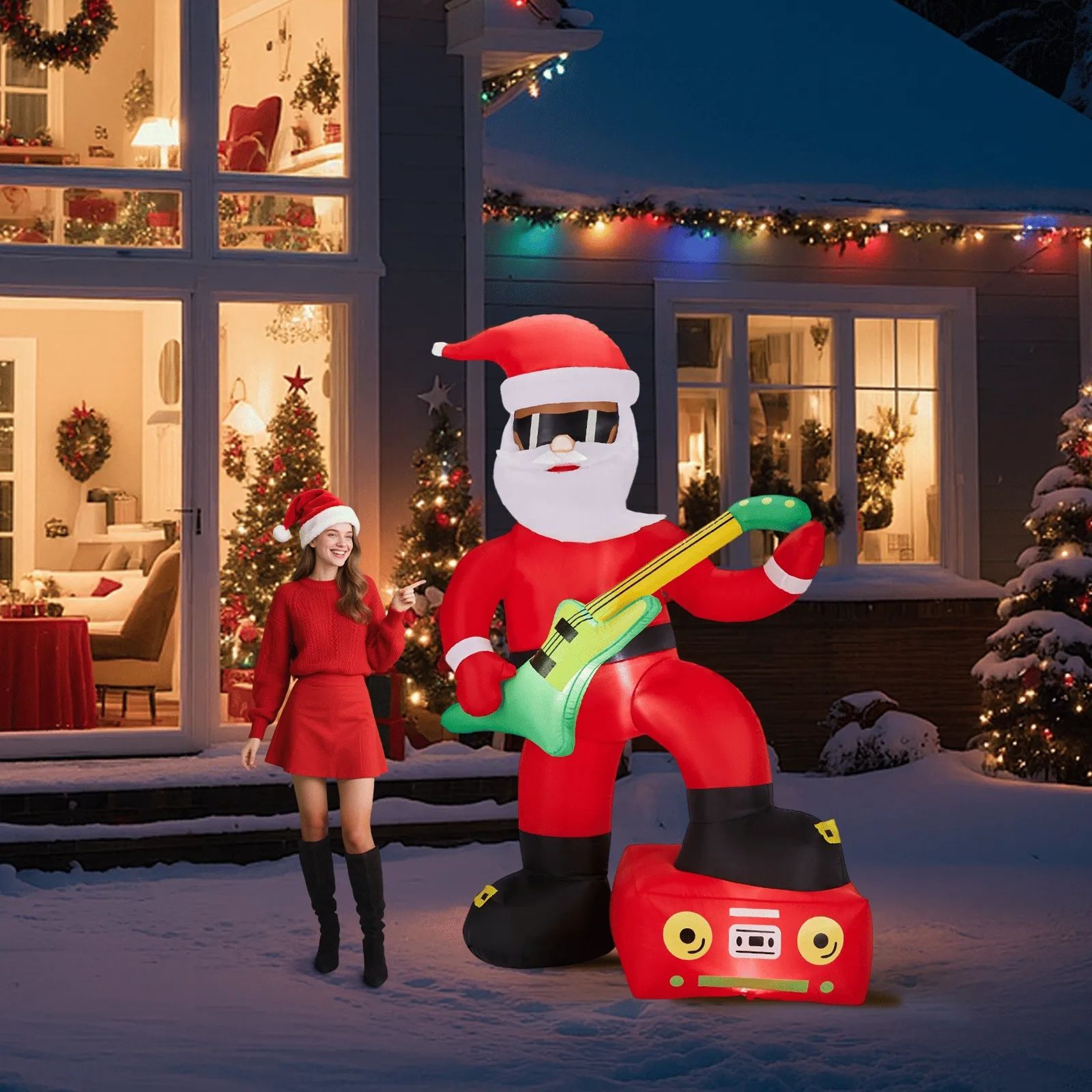 Lighted Christmas Inflatable Black Santa Playing Electric Guitar With LED Lights 2