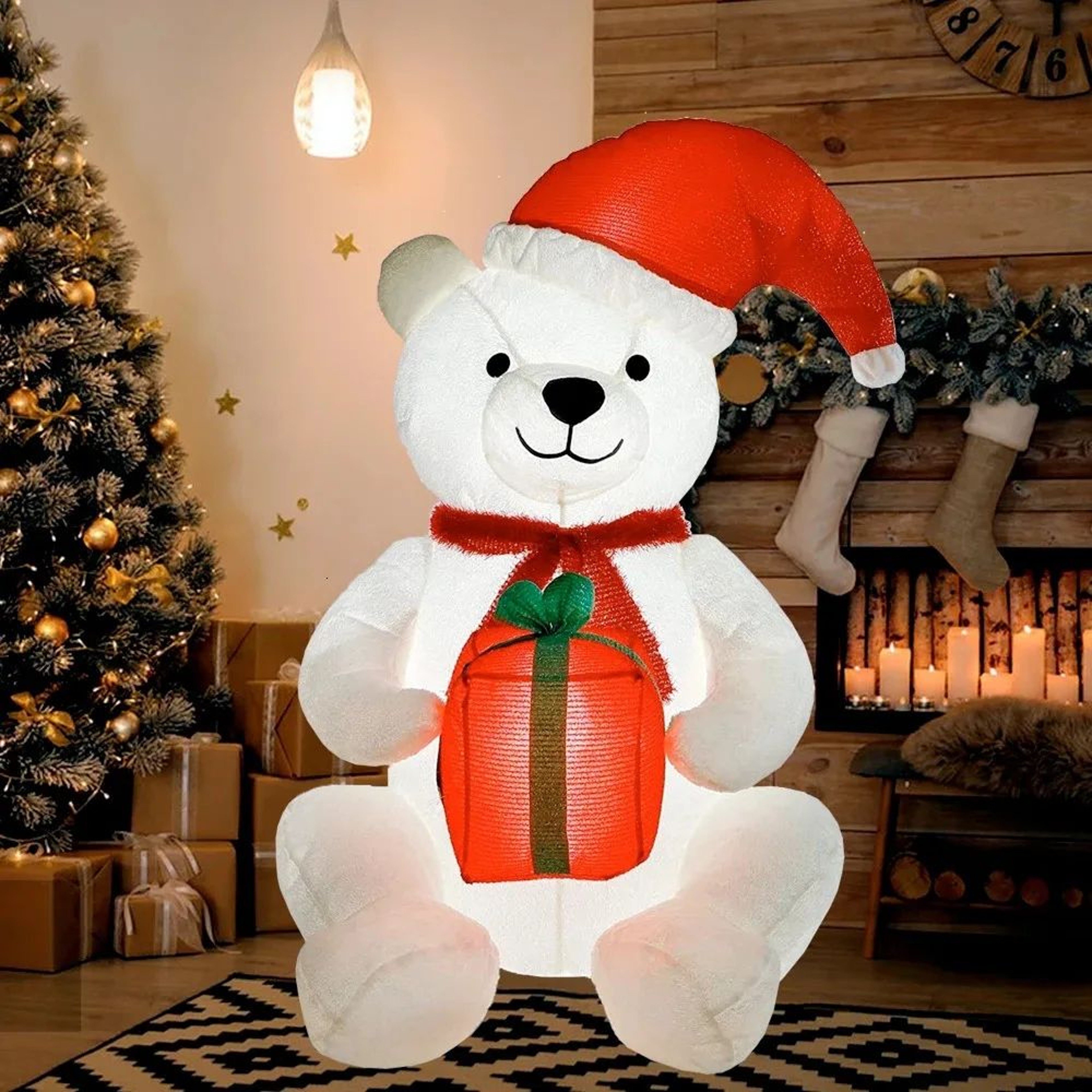 Inflatable Polar Bear Christmas Decoration With LED Lights And Gift Box 0