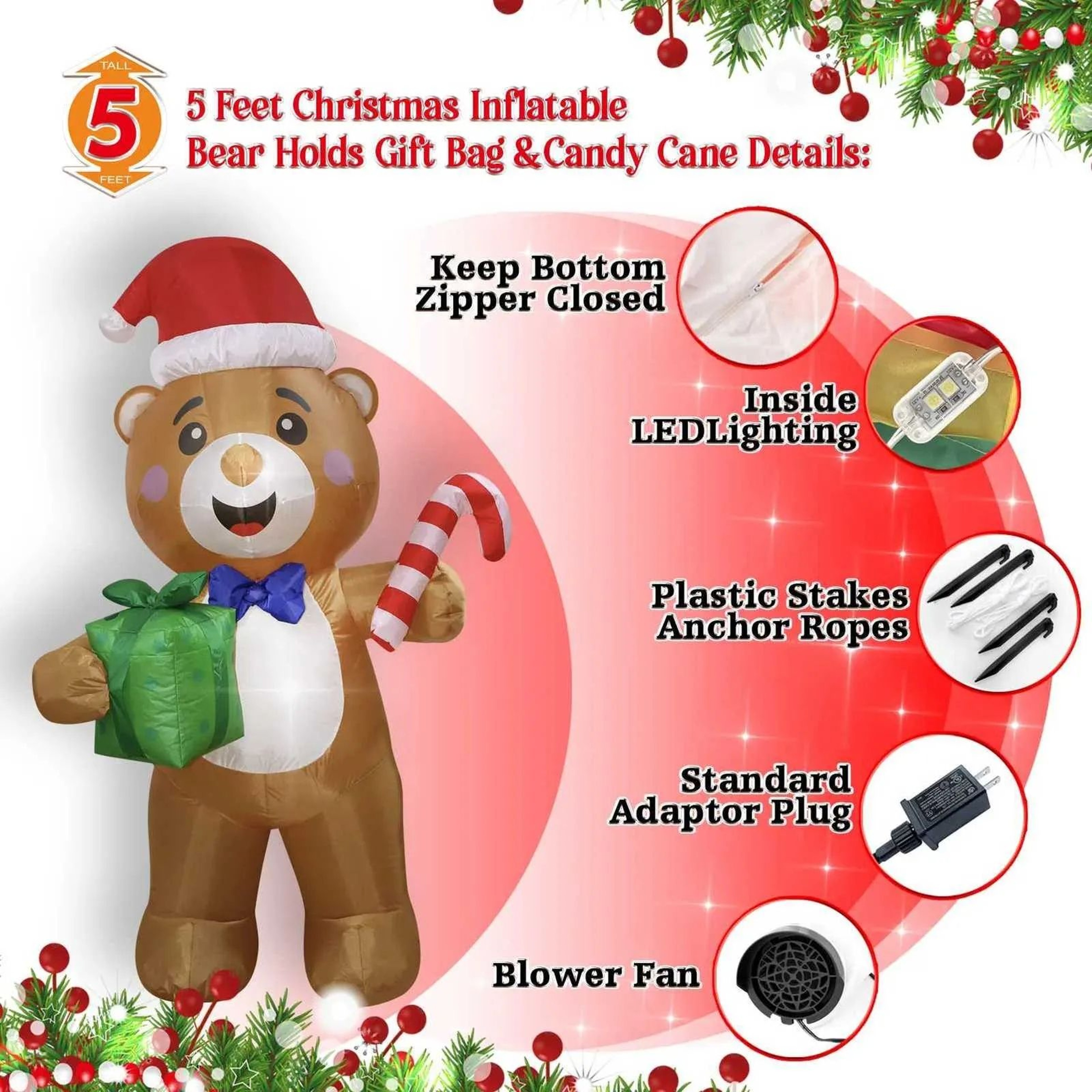 Christmas Bear Inflatable With Gift Bag And LED Lights For Outdoor Yard Decor 3