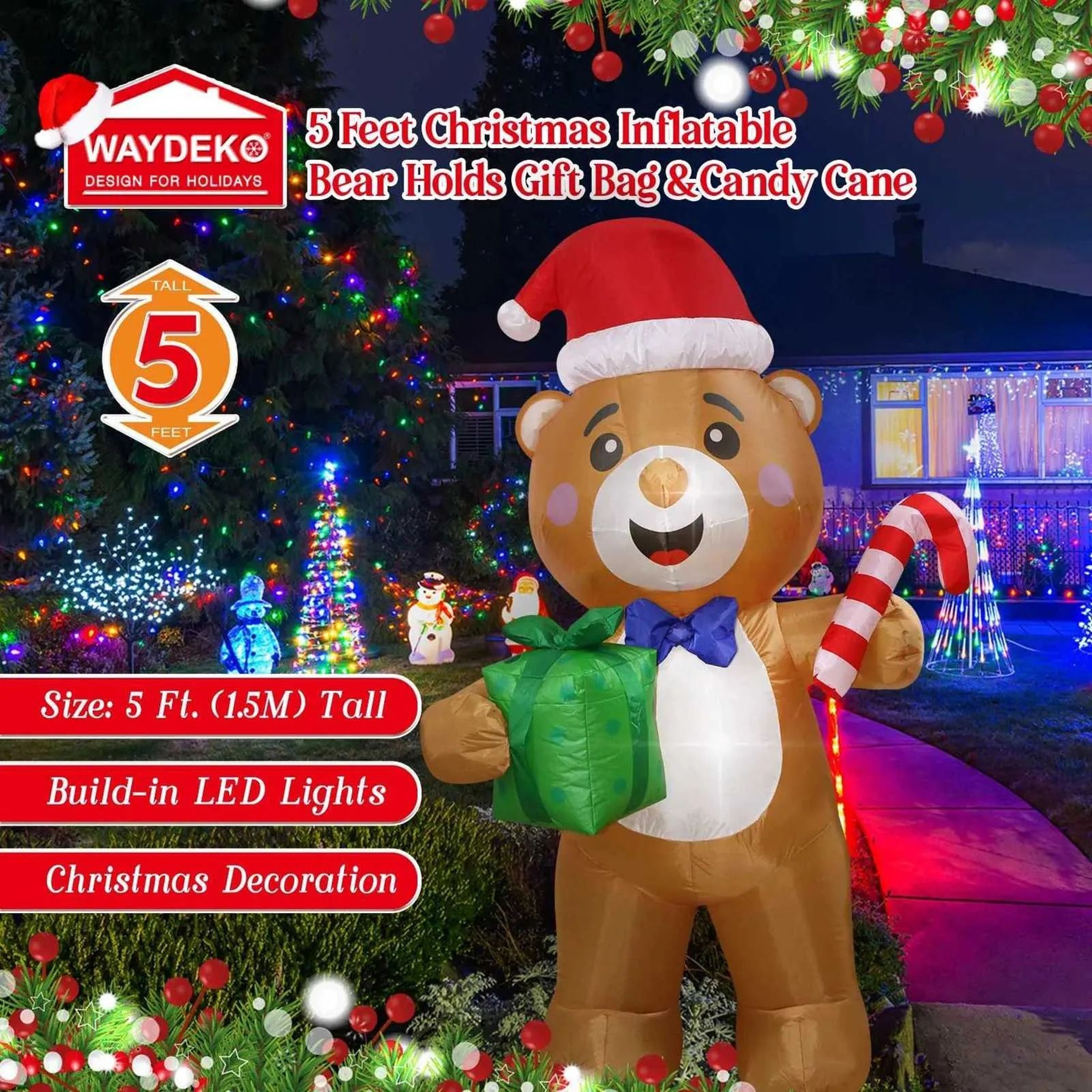 Christmas Bear Inflatable With Gift Bag And LED Lights For Outdoor Yard Decor 4