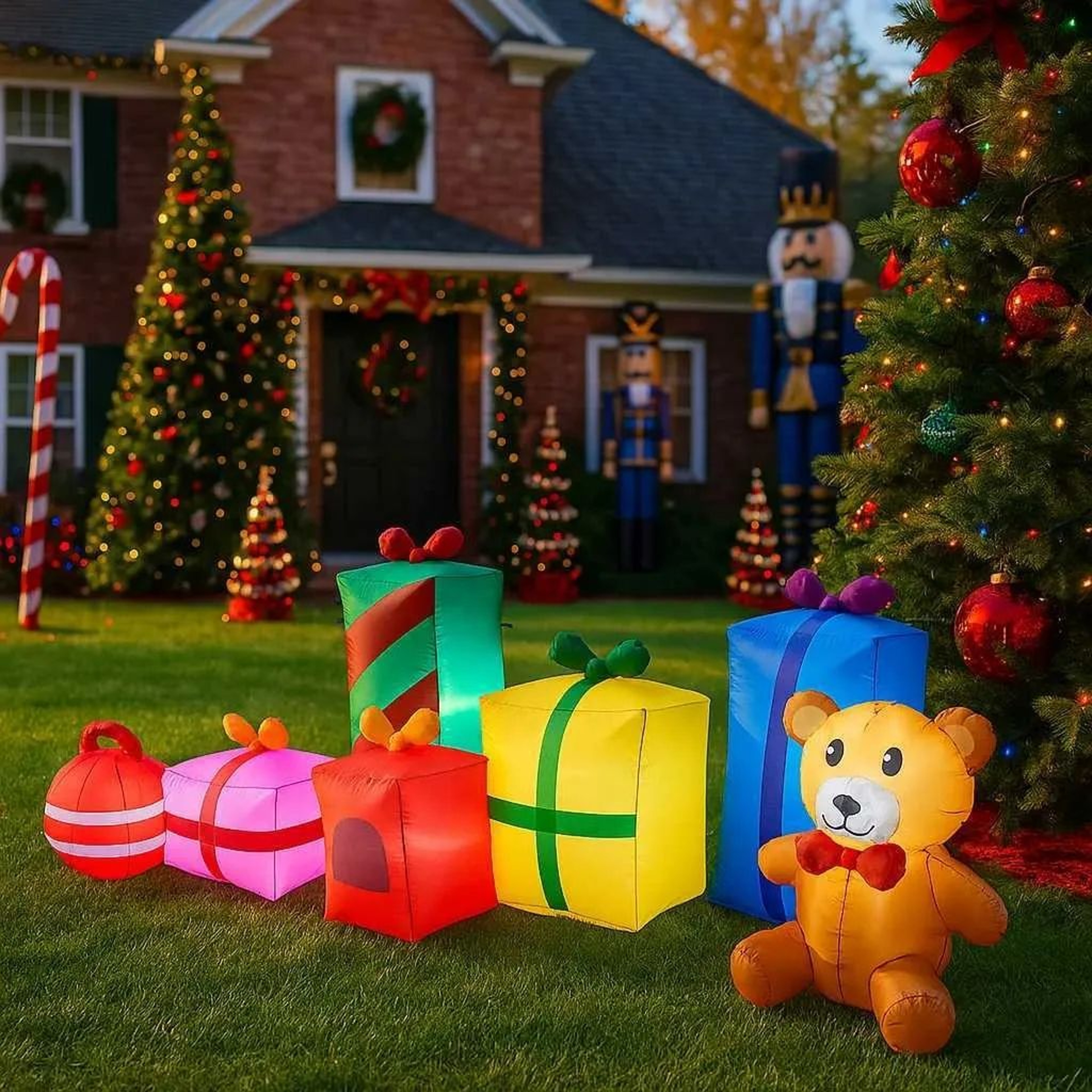 Inflatable Christmas Teddy Bear With Santa Claus Gift Design And Lights 0