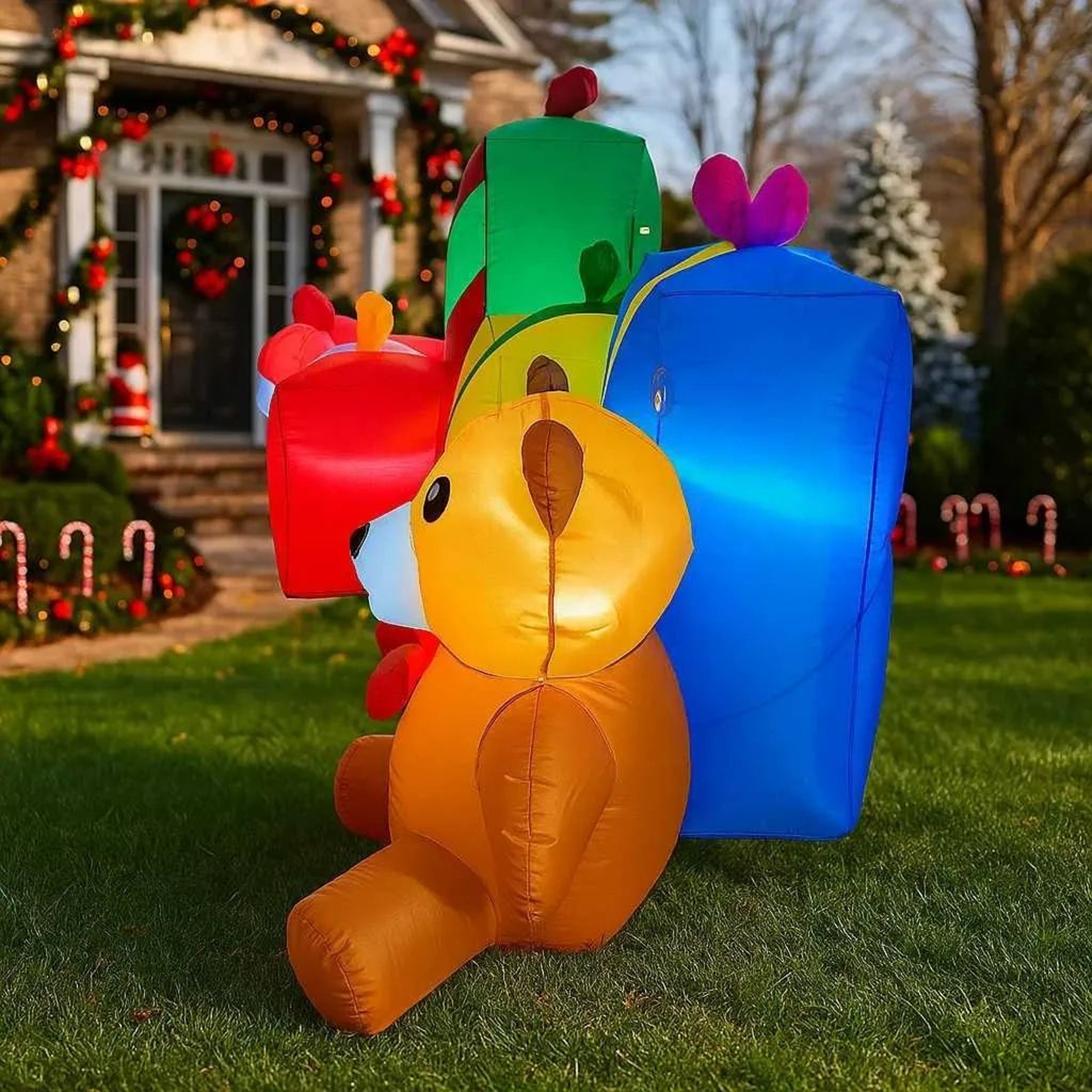 Inflatable Christmas Teddy Bear With Santa Claus Gift Design And Lights 2