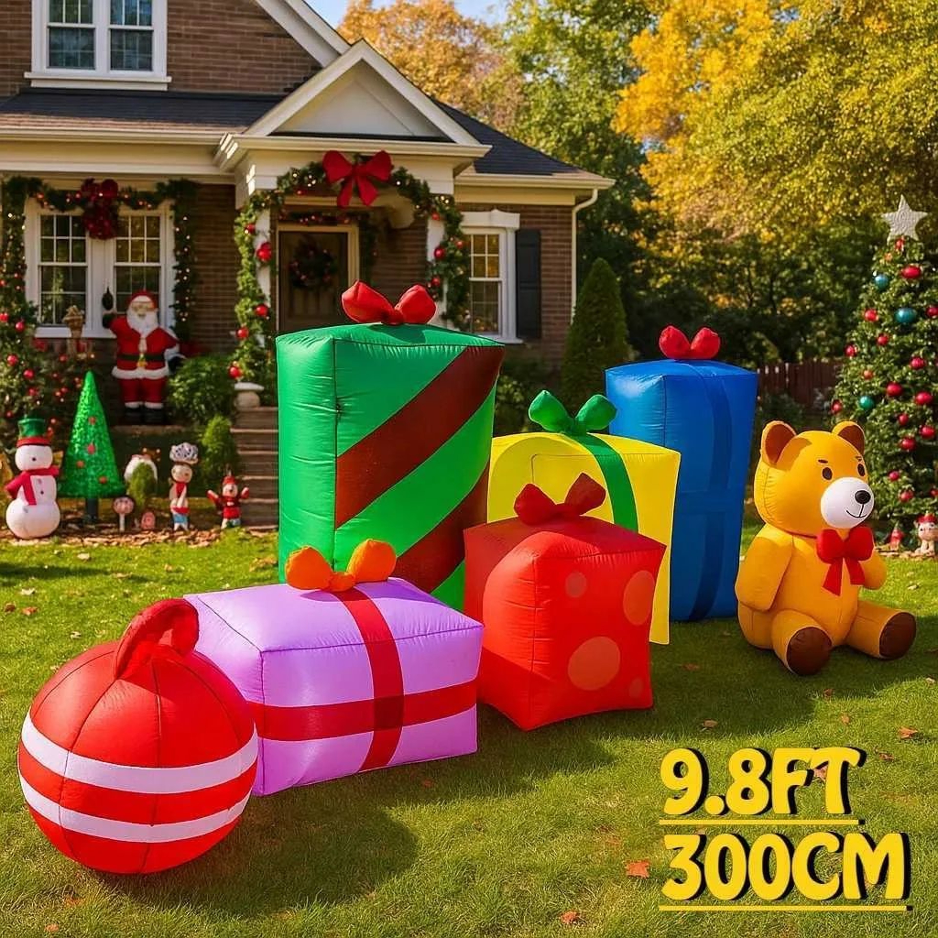 Inflatable Christmas Teddy Bear With Santa Claus Gift Design And Lights 5