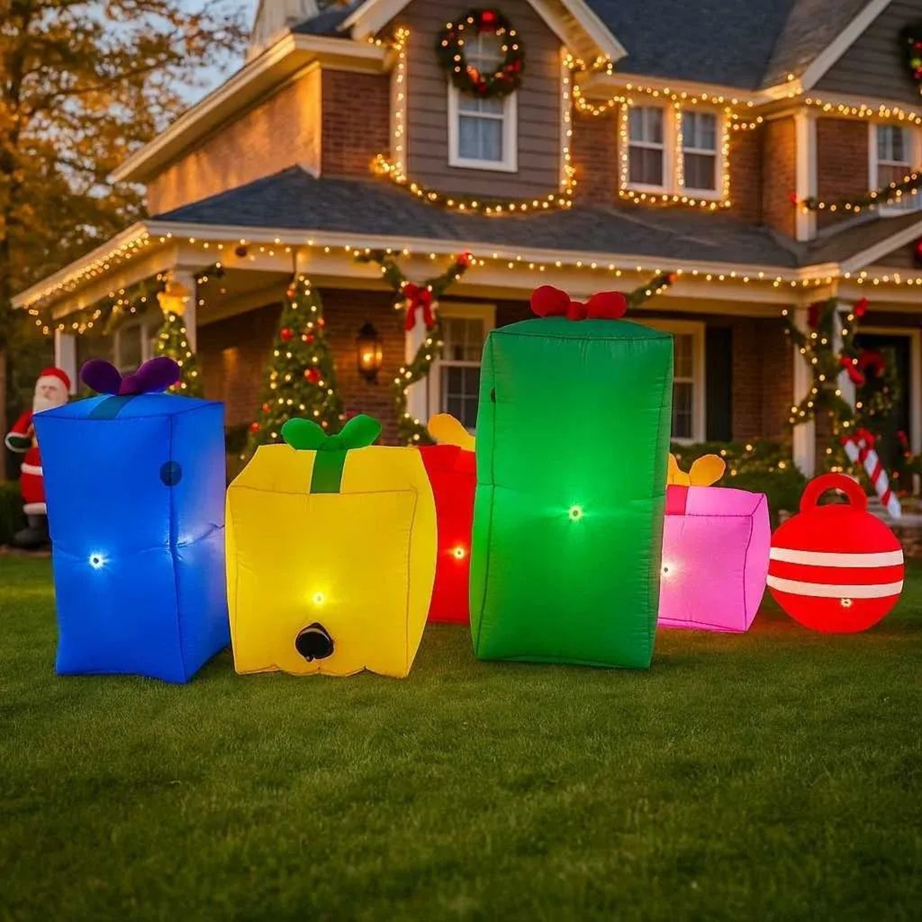 Inflatable Christmas Teddy Bear With Santa Claus Gift Design And Lights 4