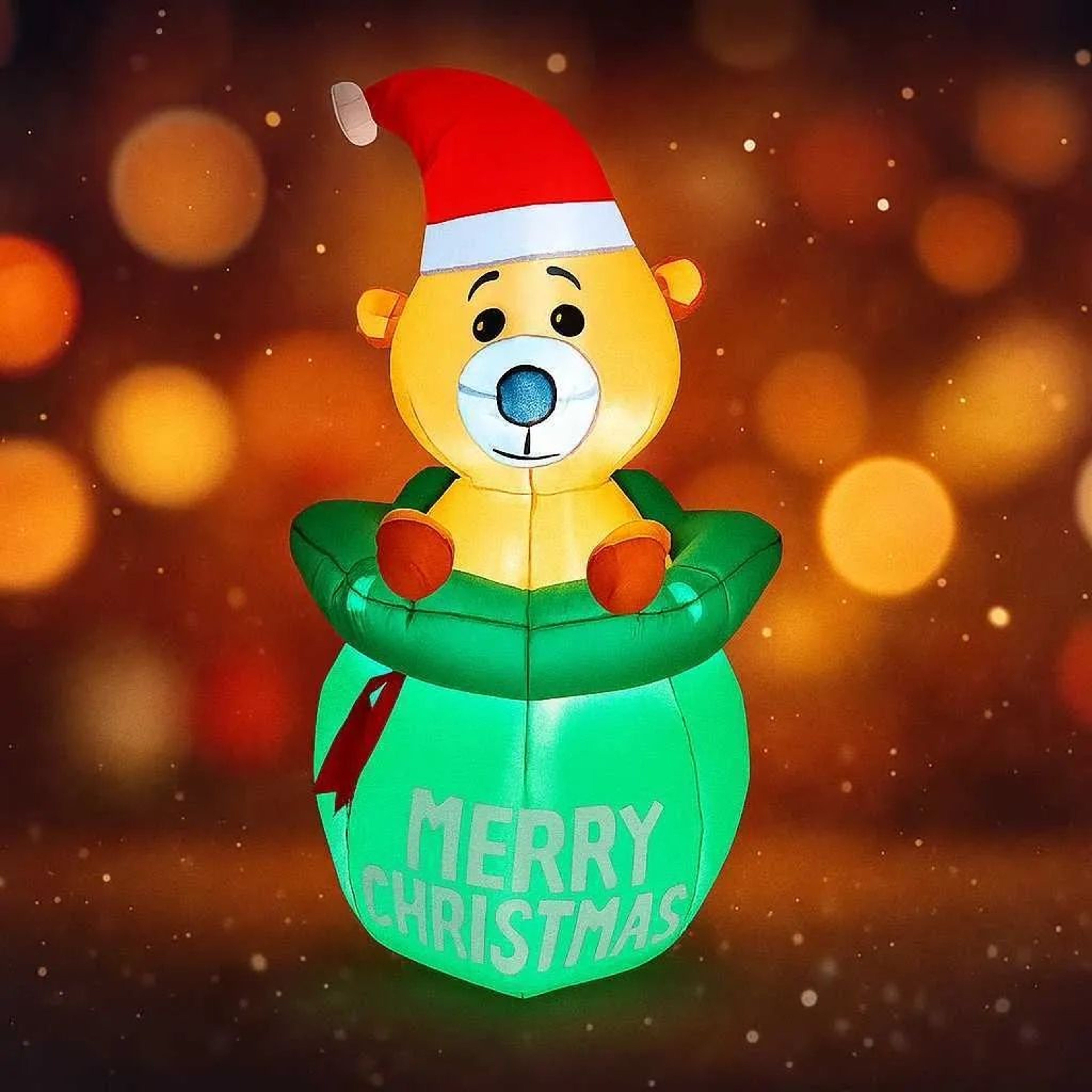 Inflatable Christmas Bear With Gift Bag And LED Lights For Yard Decor 0