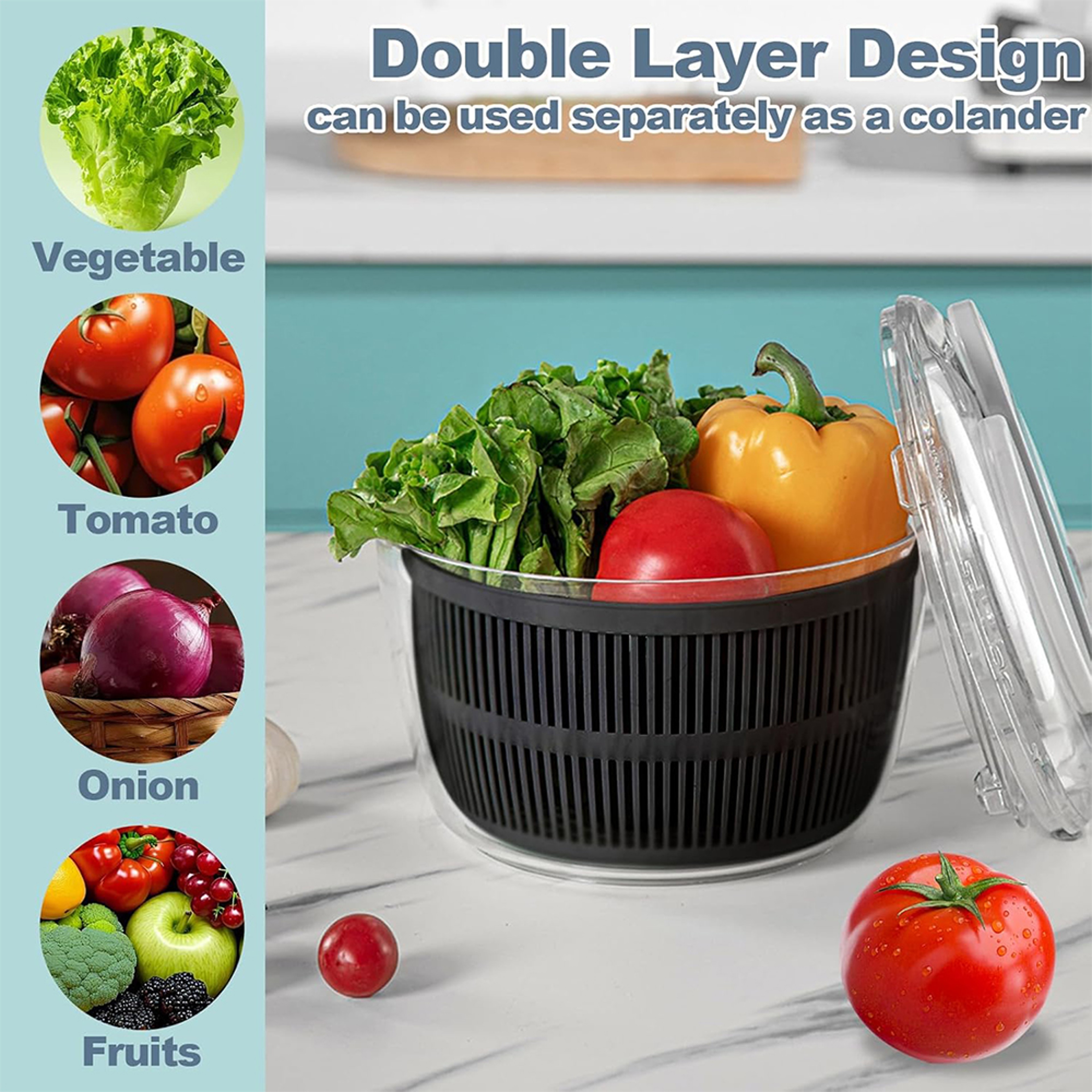 Salad Spinner with Lid One Hand Press Lettuce Washer and Vegetable Dryer – view 4