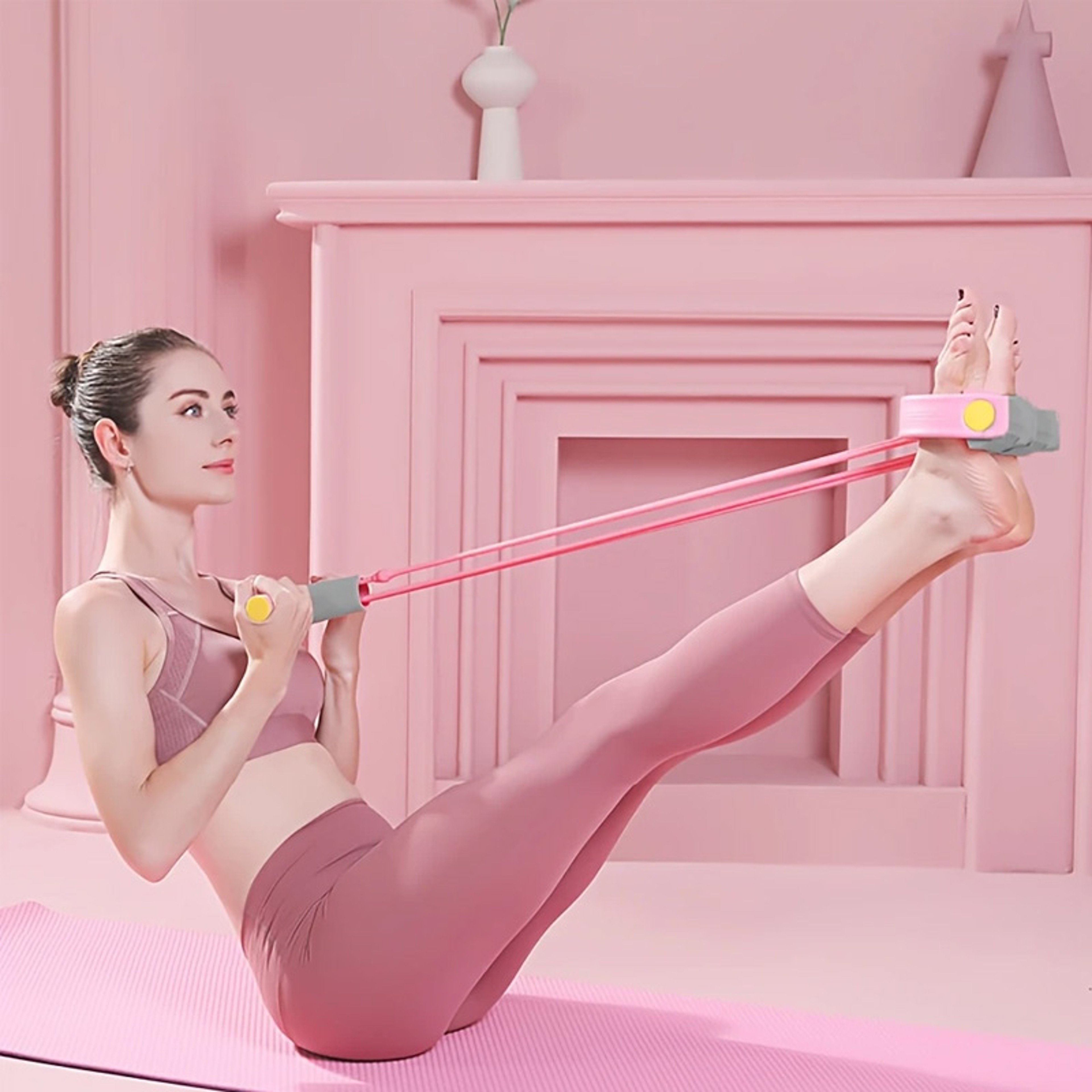 Pink Tube Foot Pedal Resistance Band Portable Home Fitness Sculpting Trainer – view 2