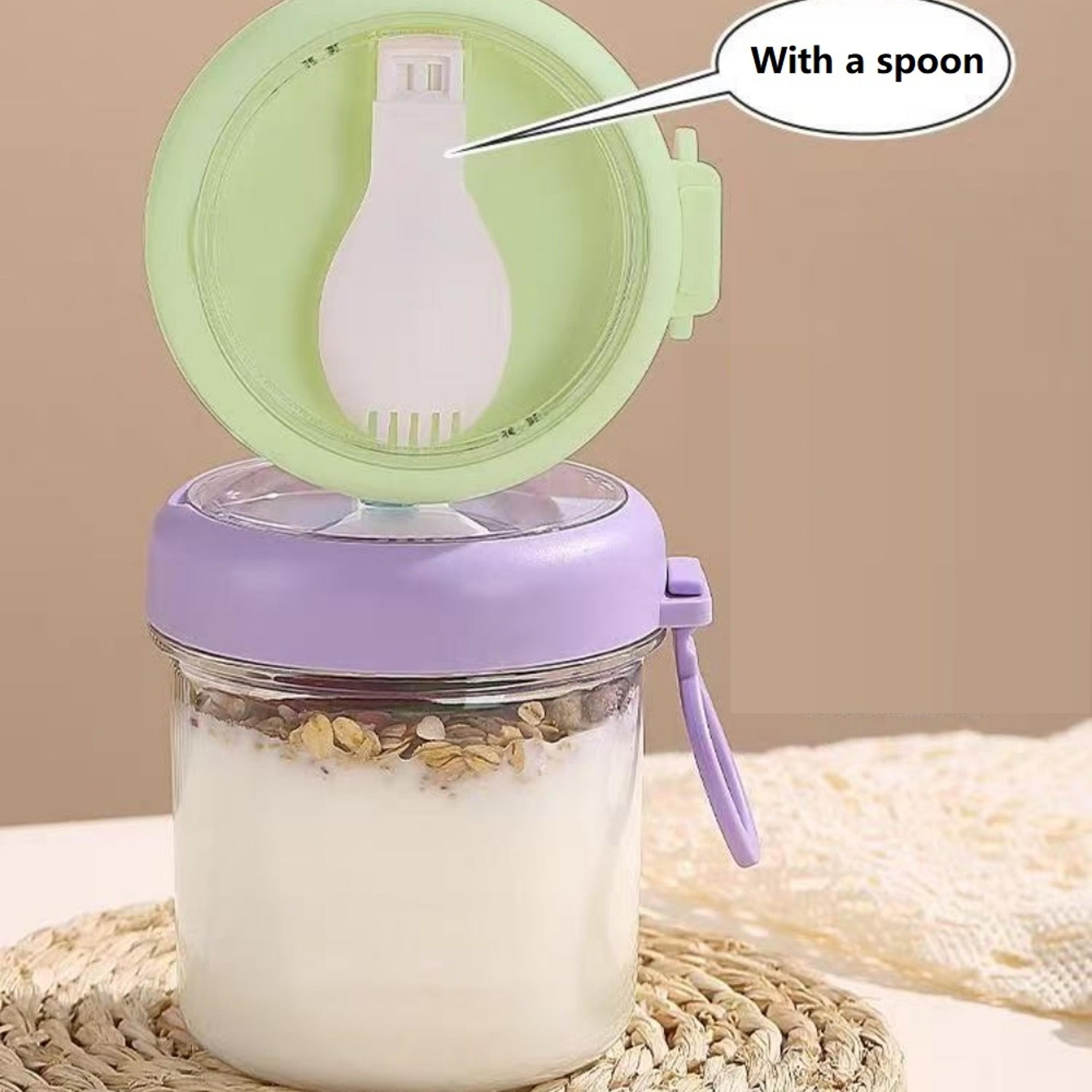 Wide Mouth Glass Overnight Oats Container With Sealed Lid And Spoon 2