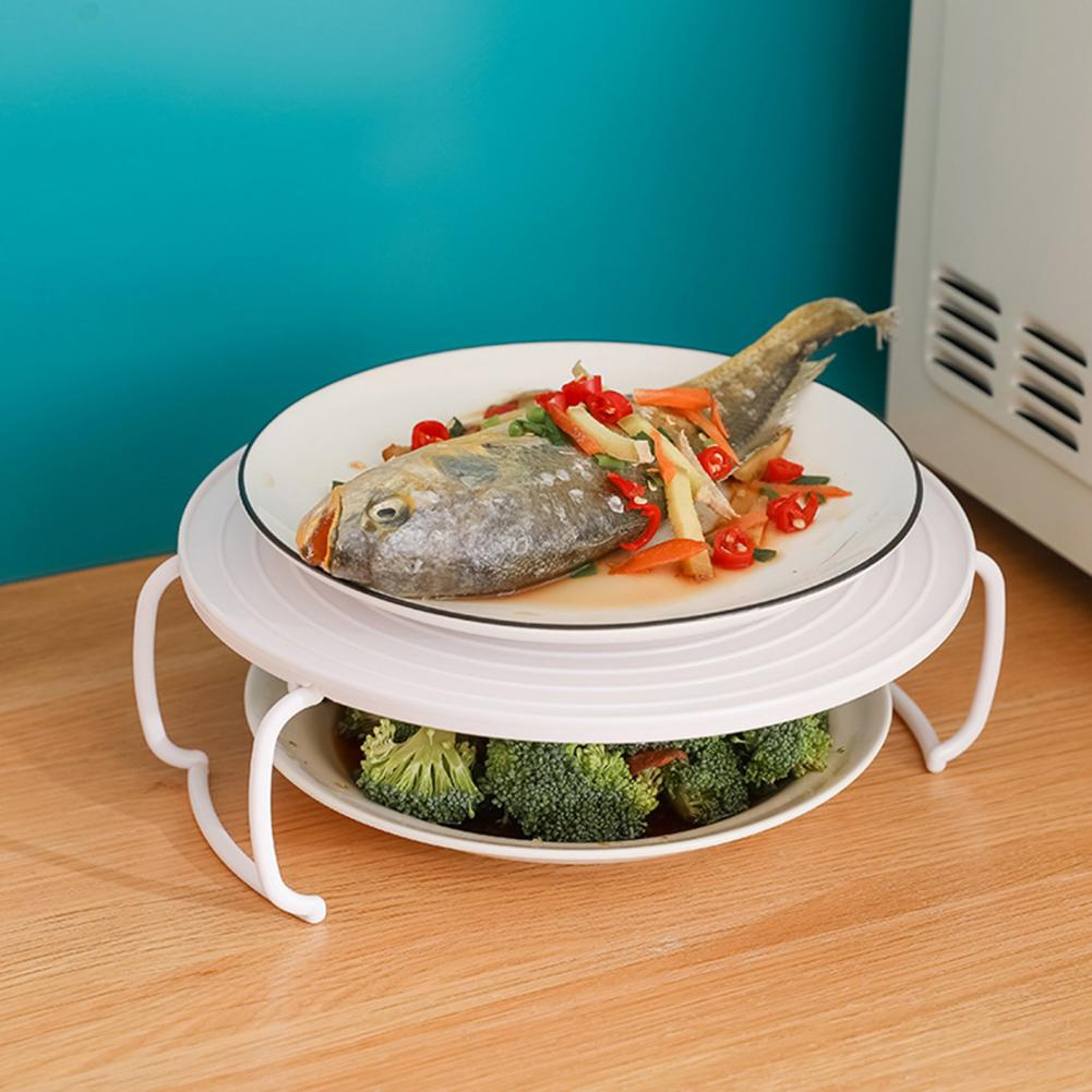 Foldable Microwave Plate Stacker And Steaming Tray Rack 2