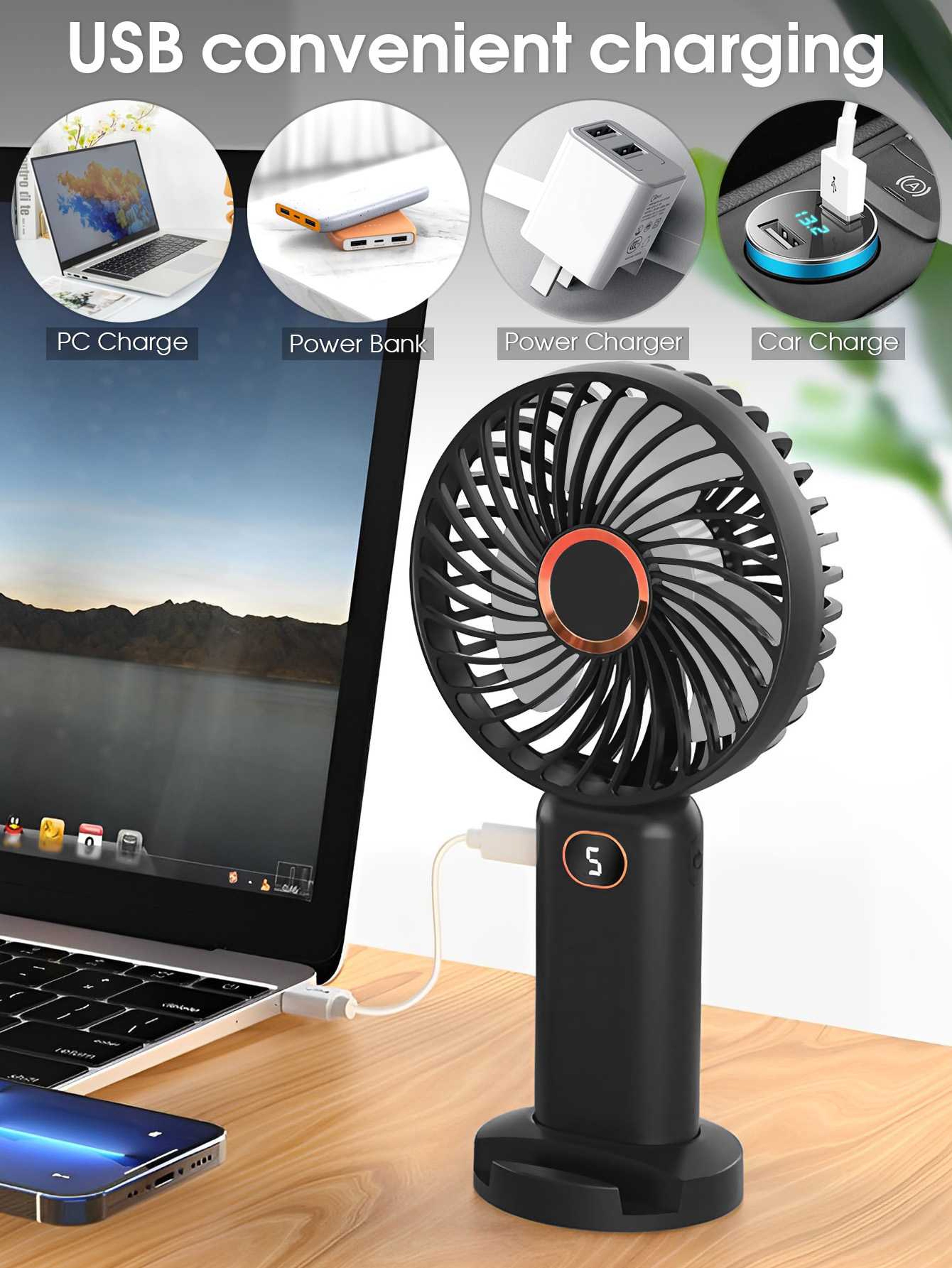 Portable Handheld Fan USB Rechargeable Mini Fan With Digital Display 4