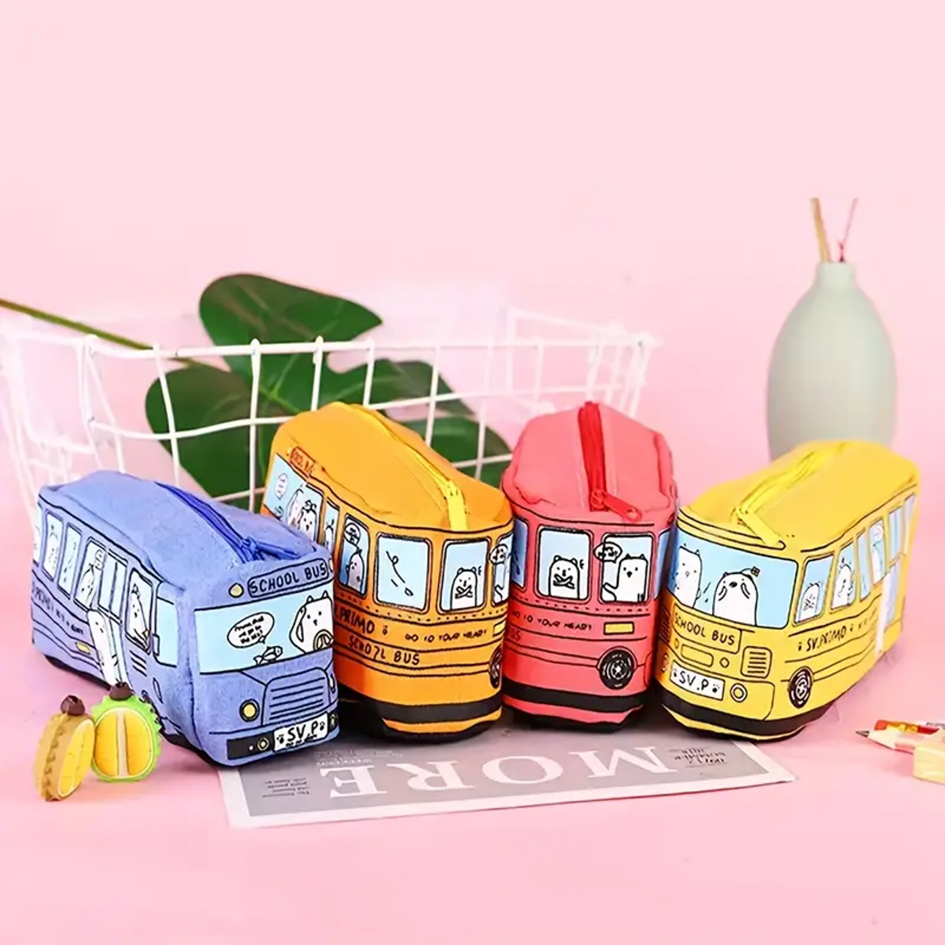 Creative School Bus Pencil Case Large Capacity Canvas Pencil Bag For Students 4