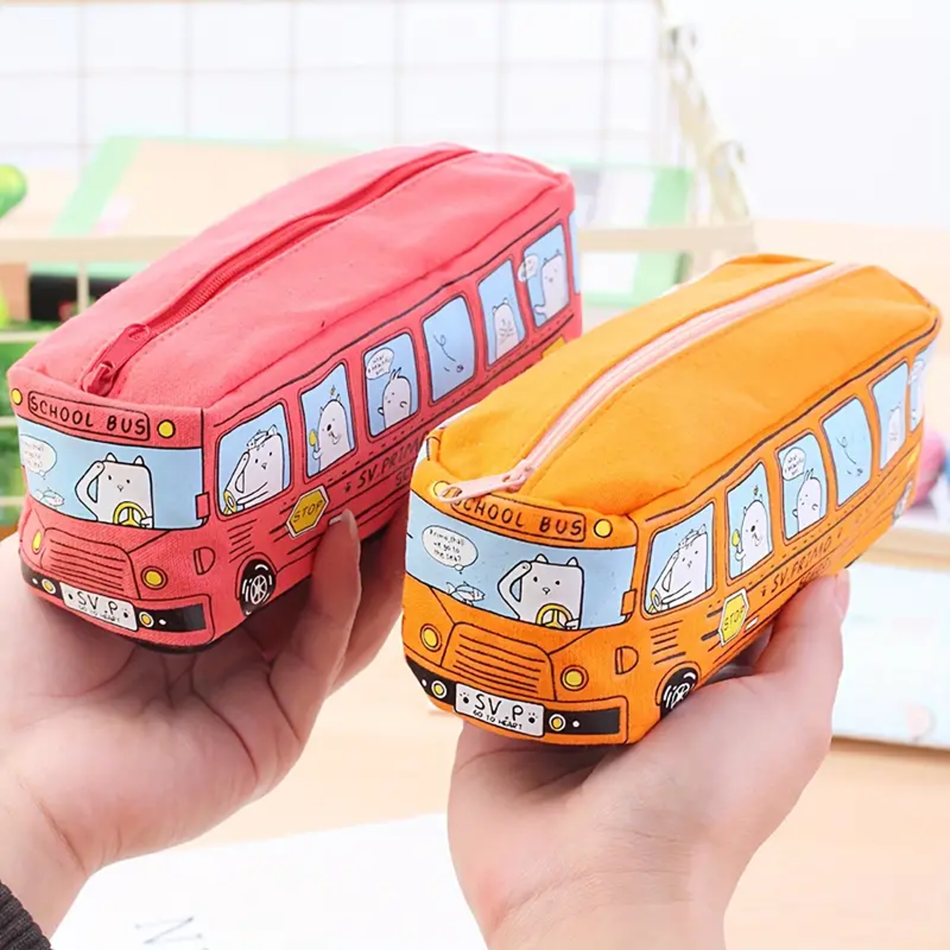 Creative School Bus Pencil Case Large Capacity Canvas Pencil Bag For Students 6