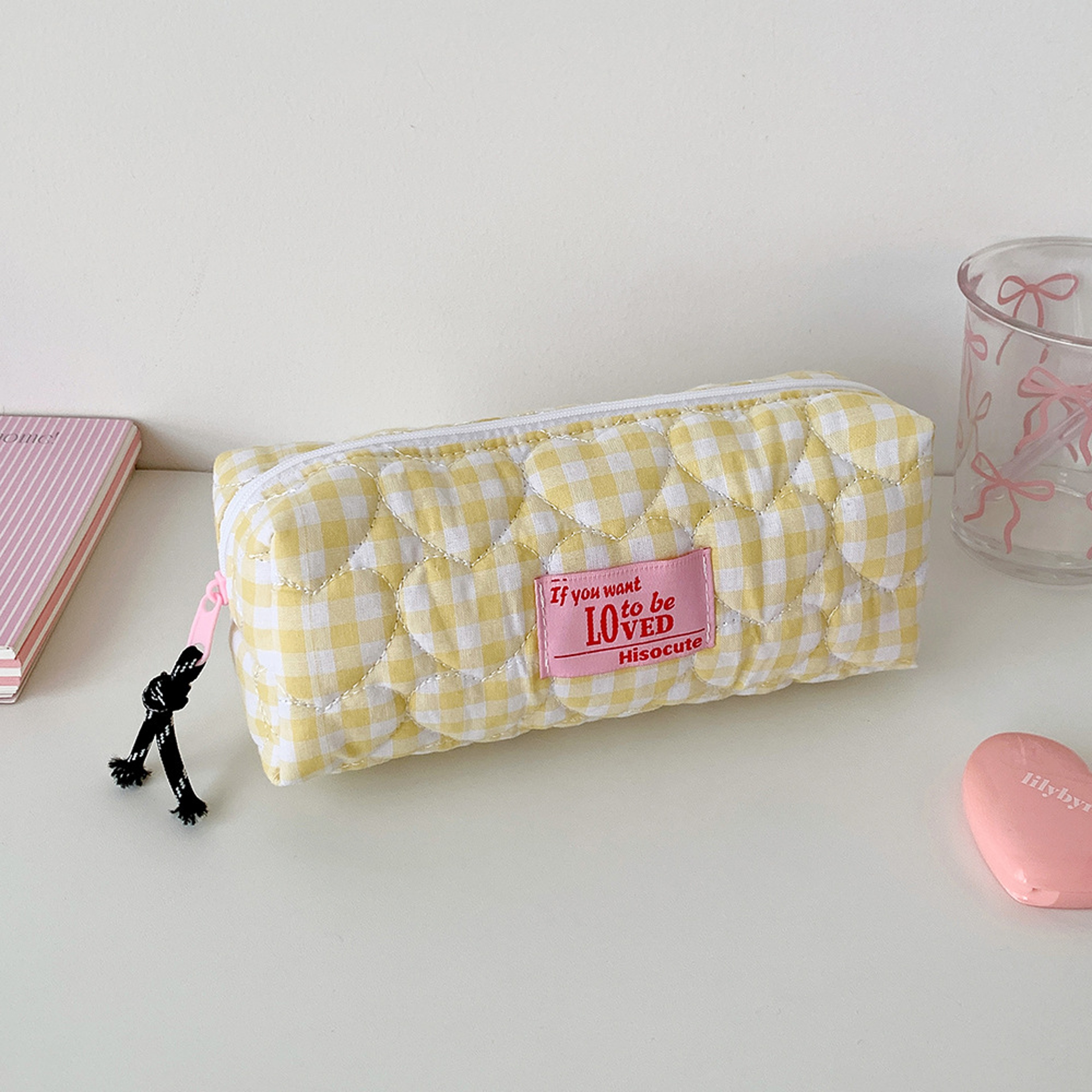 Quilted Heart Grid Pencil Pouch Korean Style Student Stationery Bag 7