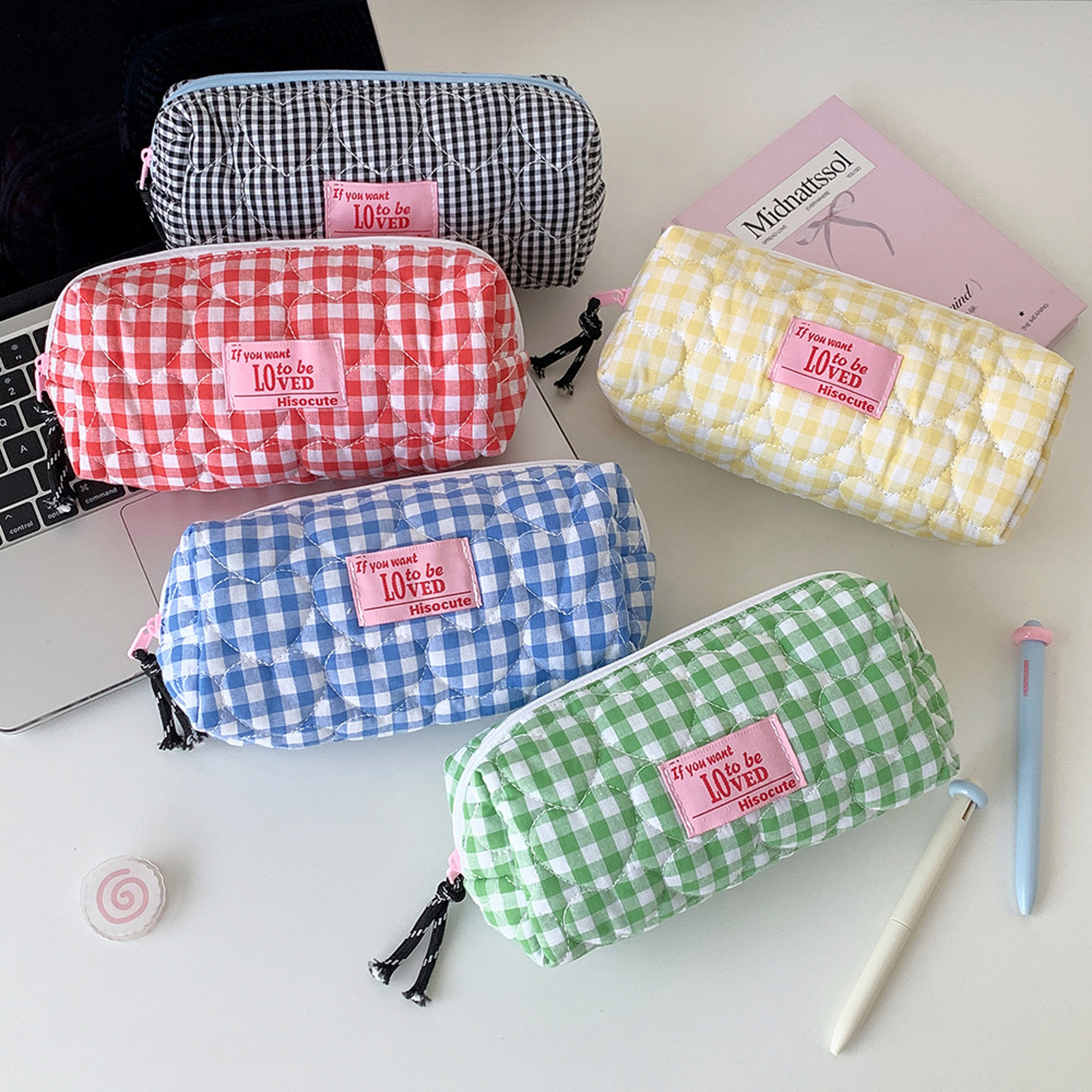 Quilted Heart Grid Pencil Pouch Korean Style Student Stationery Bag 5