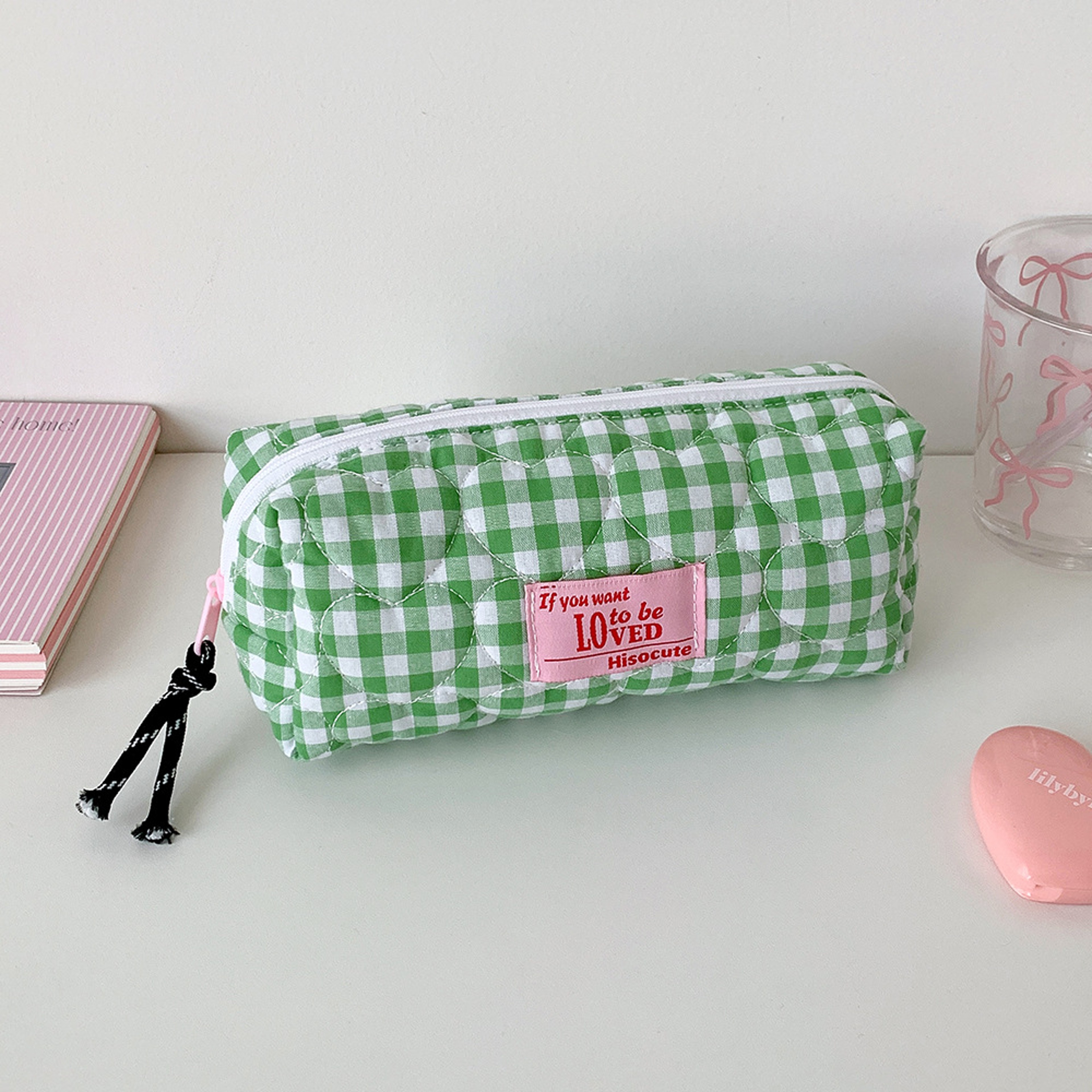 Quilted Heart Grid Pencil Pouch Korean Style Student Stationery Bag 6