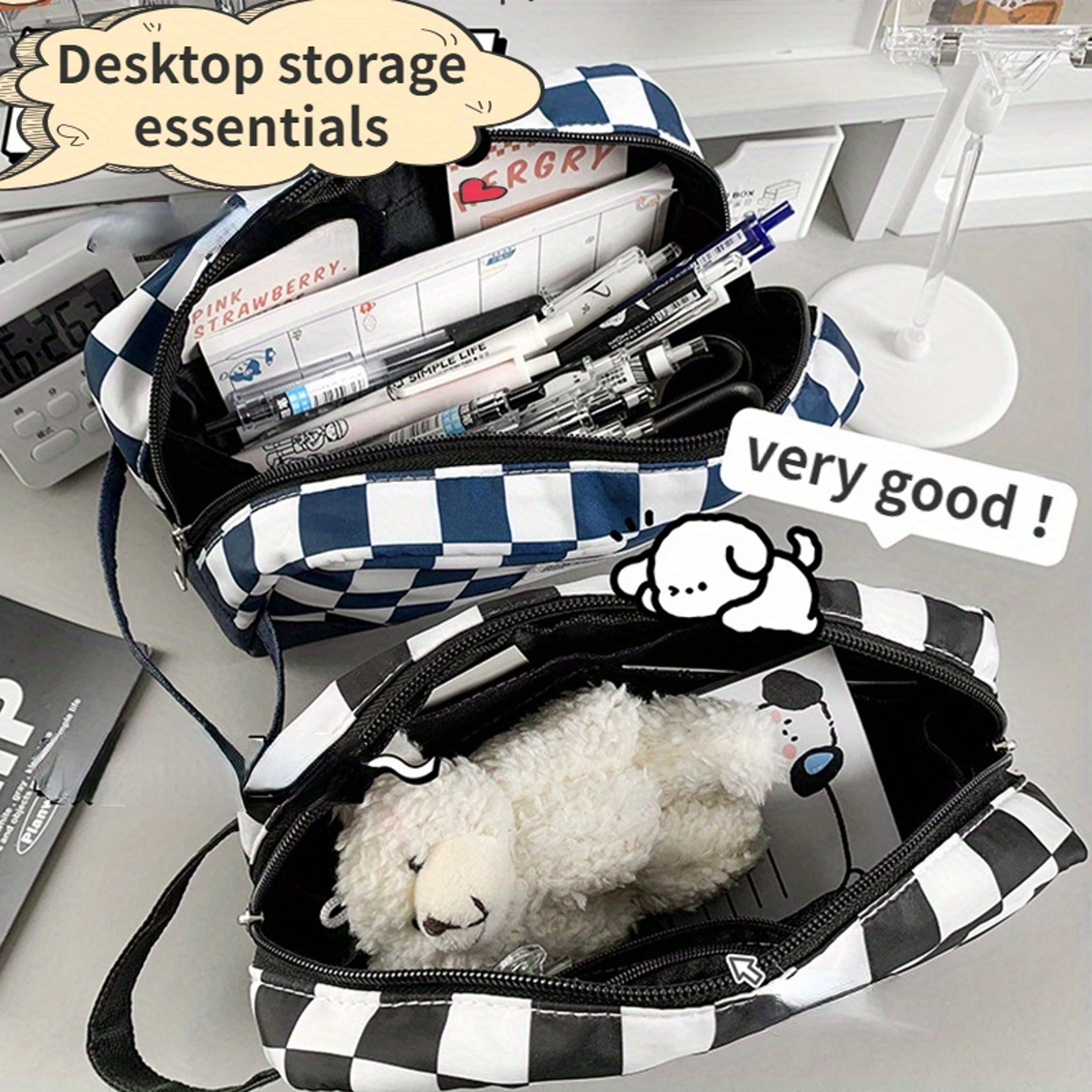 Classic Checkerboard Pen Bag Large Capacity Pencil Pouch  Cute Checkered Pencil Case 5